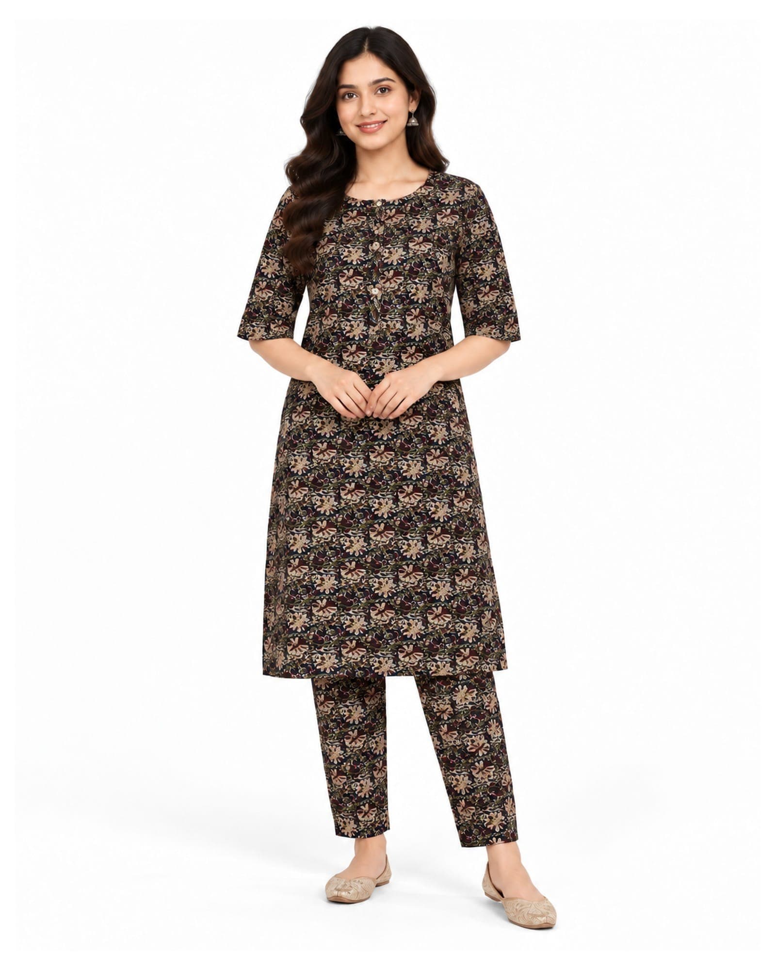 Navy Blue Kalamkari Floral Printed Rayon Kurti & Pants Set — 2 Piece (D-541)