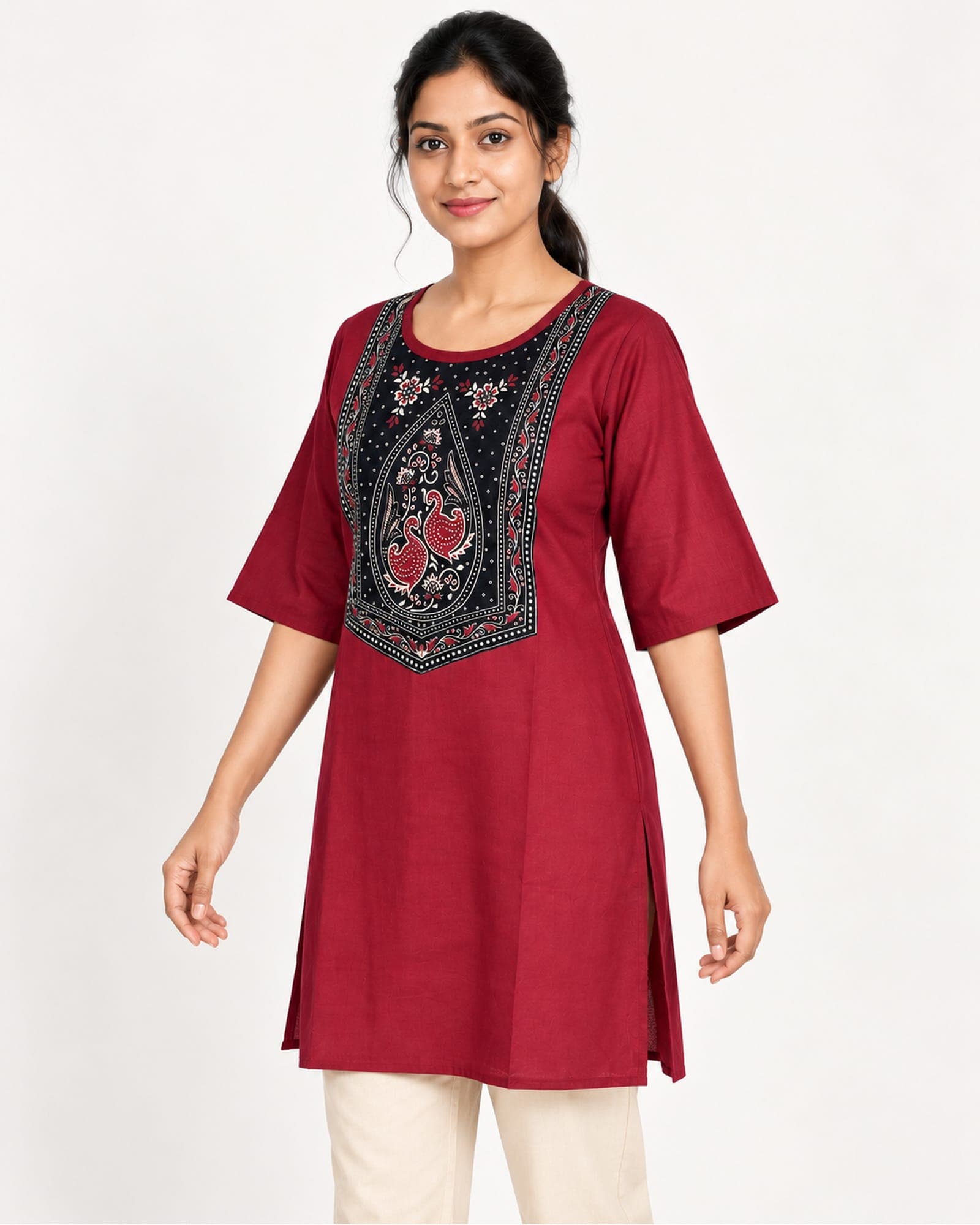 Maroon & Mustard Printed Panel Short Tunic — Top Only, photo 4 of 9