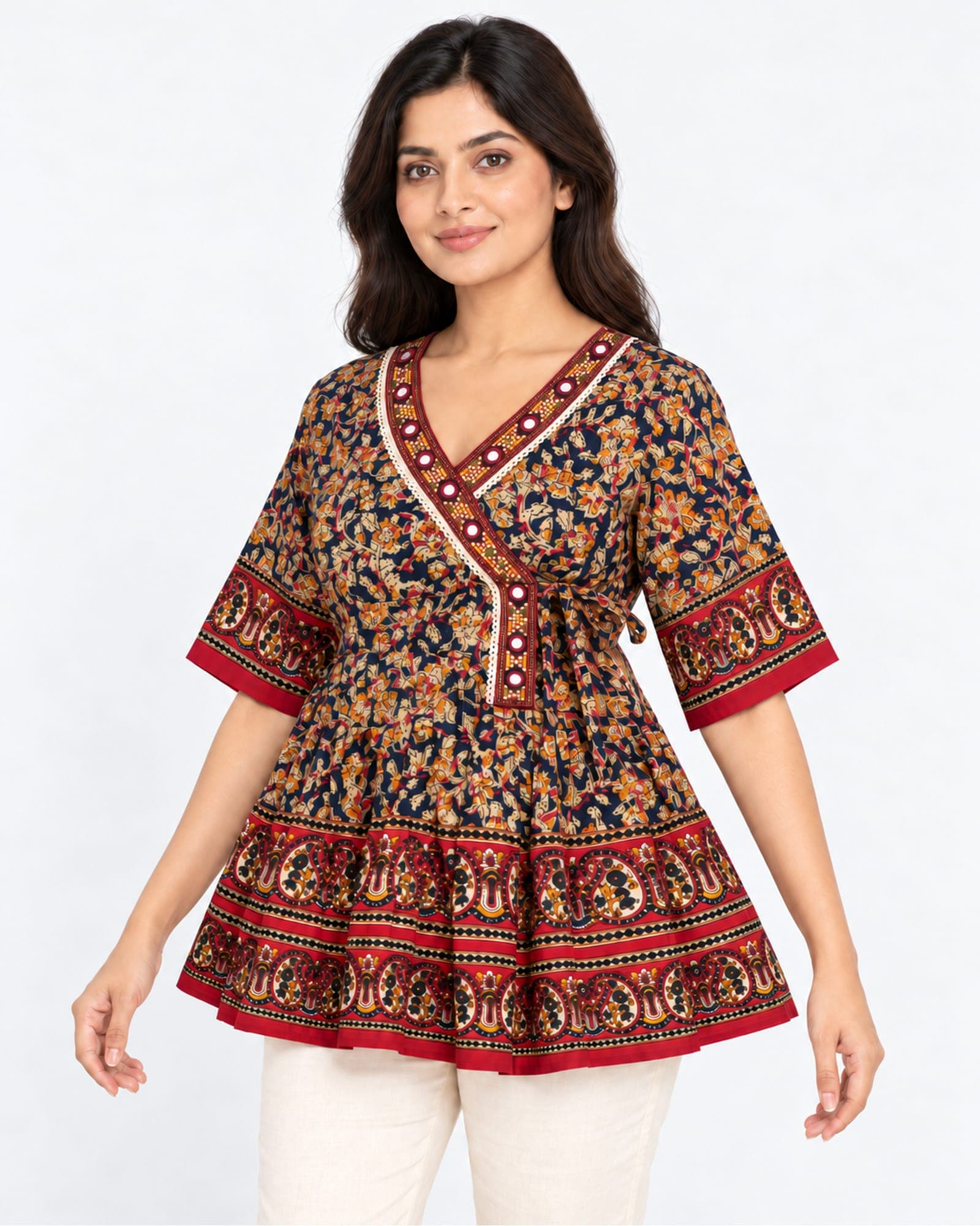 Navy Floral Printed Flared Top with Mirror-Accent Neckline — Top Only, photo 2 of 5