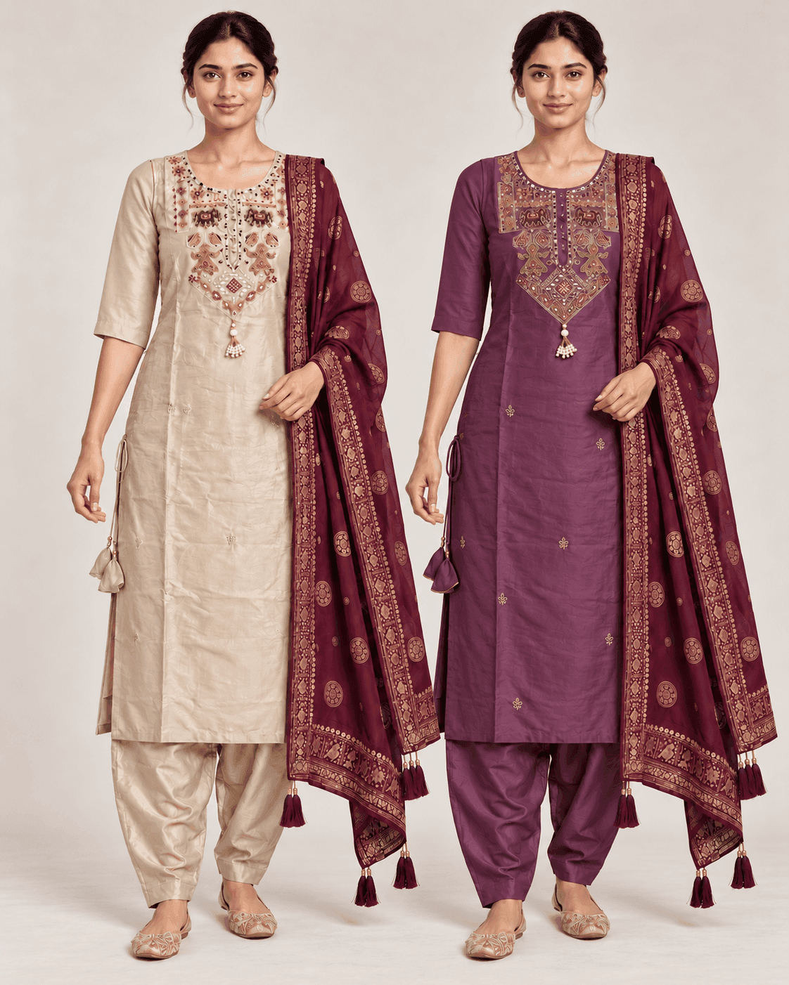 Elephant-Motif Embellished Kurti, Pants & Dupatta Set — 3 Piece (Cream Beige / Purple), photo 13 of 13