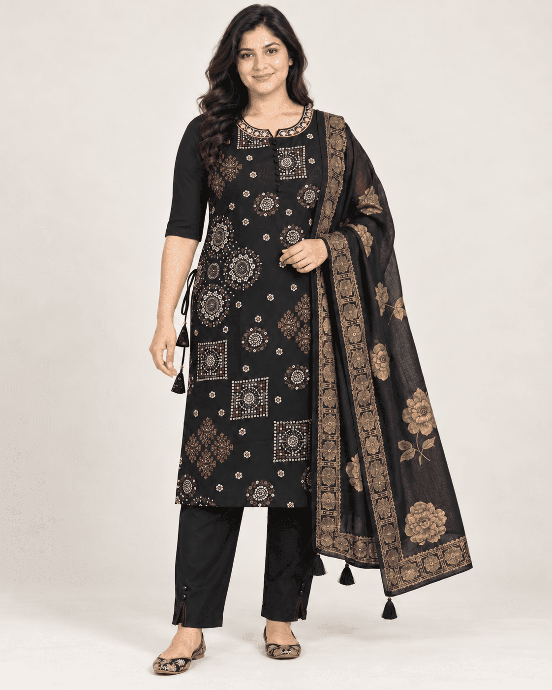 Geometric-Print Long Kurti, Pants & Dupatta Set — 3 Piece (Black / Dark Pink / Pista), photo 2 of 14