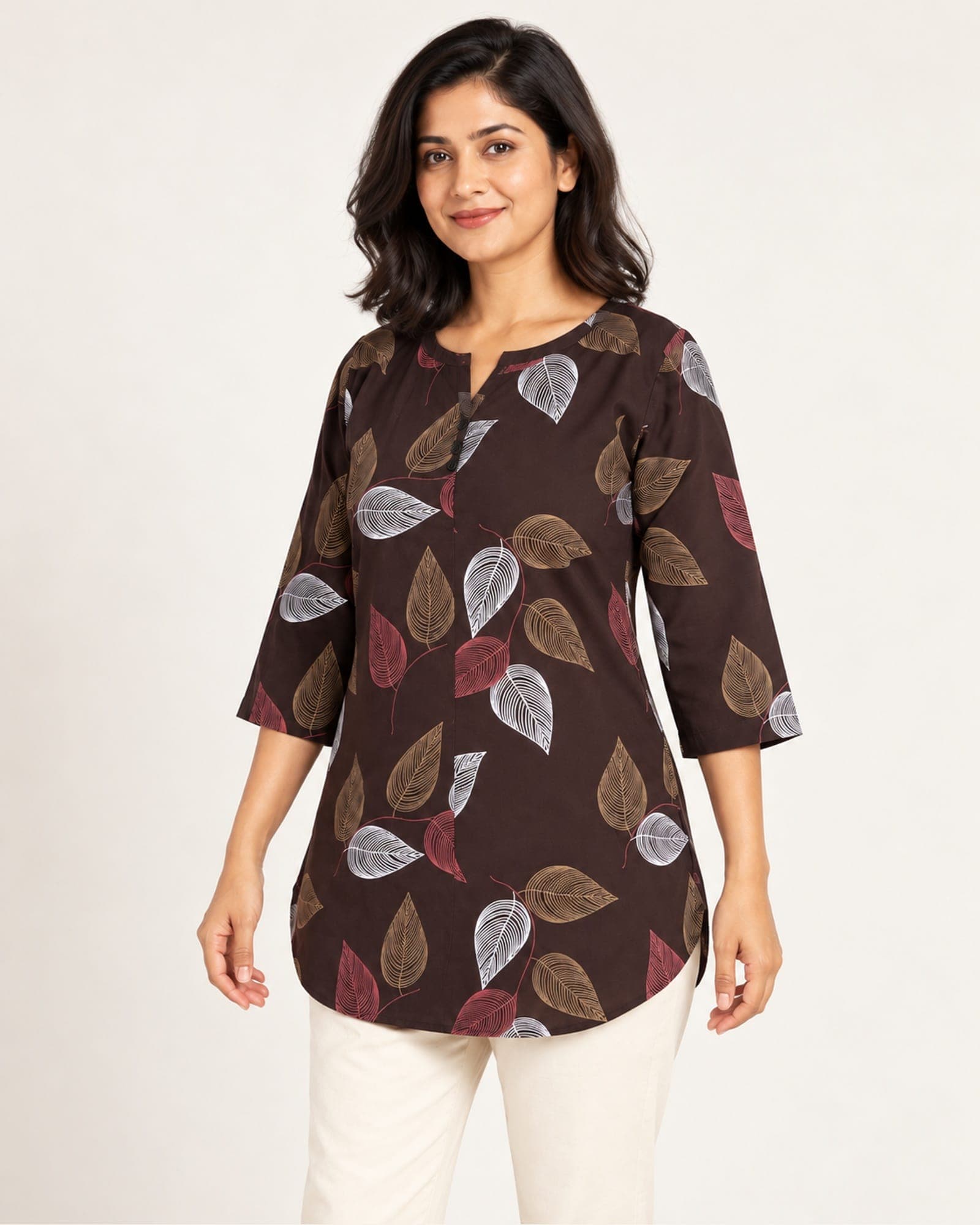 Cotton Printed Short Top Only — Brown Leaf & Dark Pink Geometric Designs, photo 2 of 5