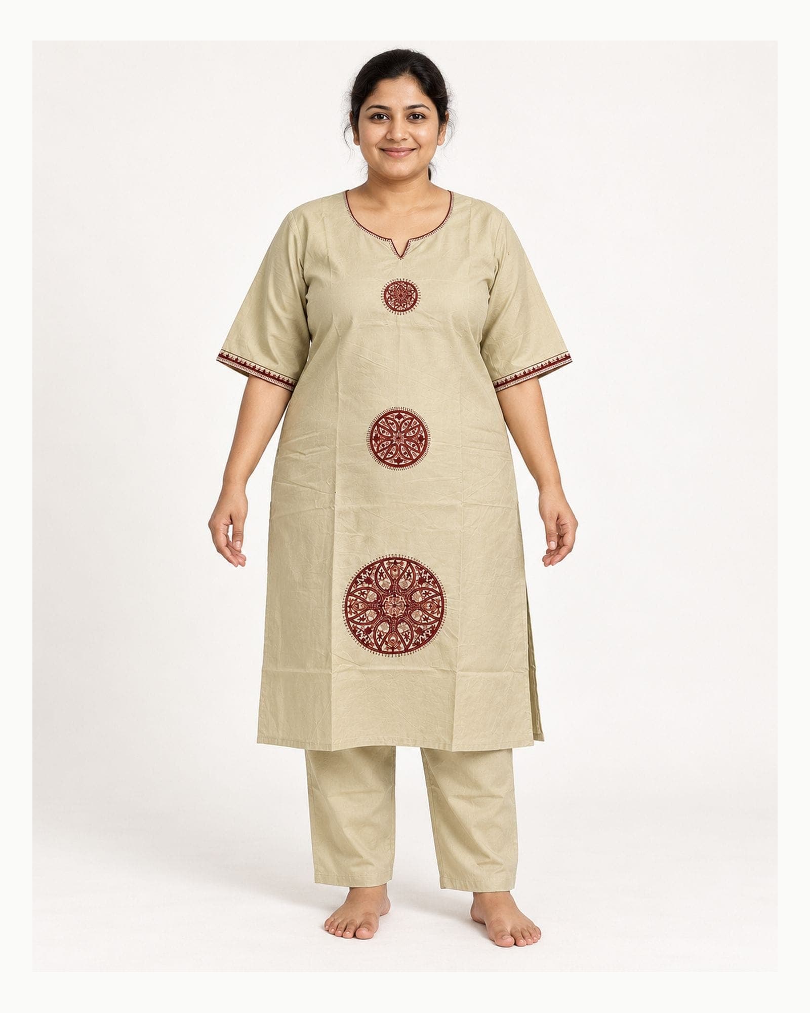 Beige 2-Piece Kurti & Straight Pant Set with Maroon Motifs, photo 2 of 4