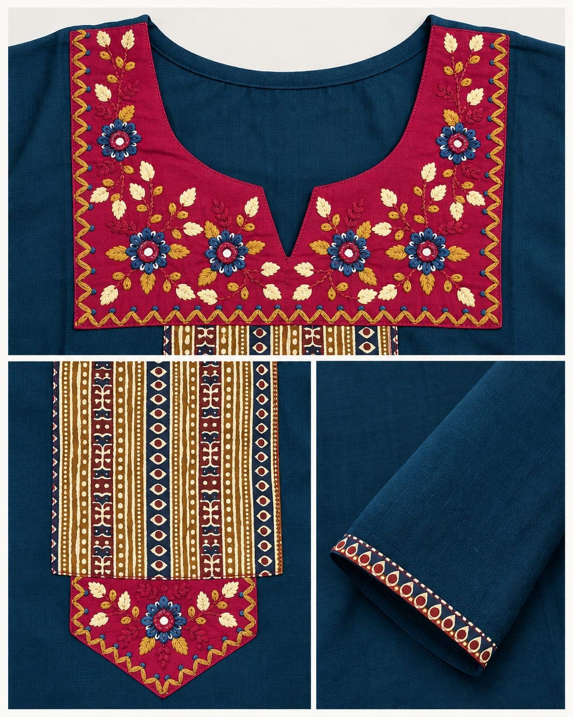 Deep Teal Floral-Yoke Kurti & Pants — 2-Piece Set, photo 4 of 4