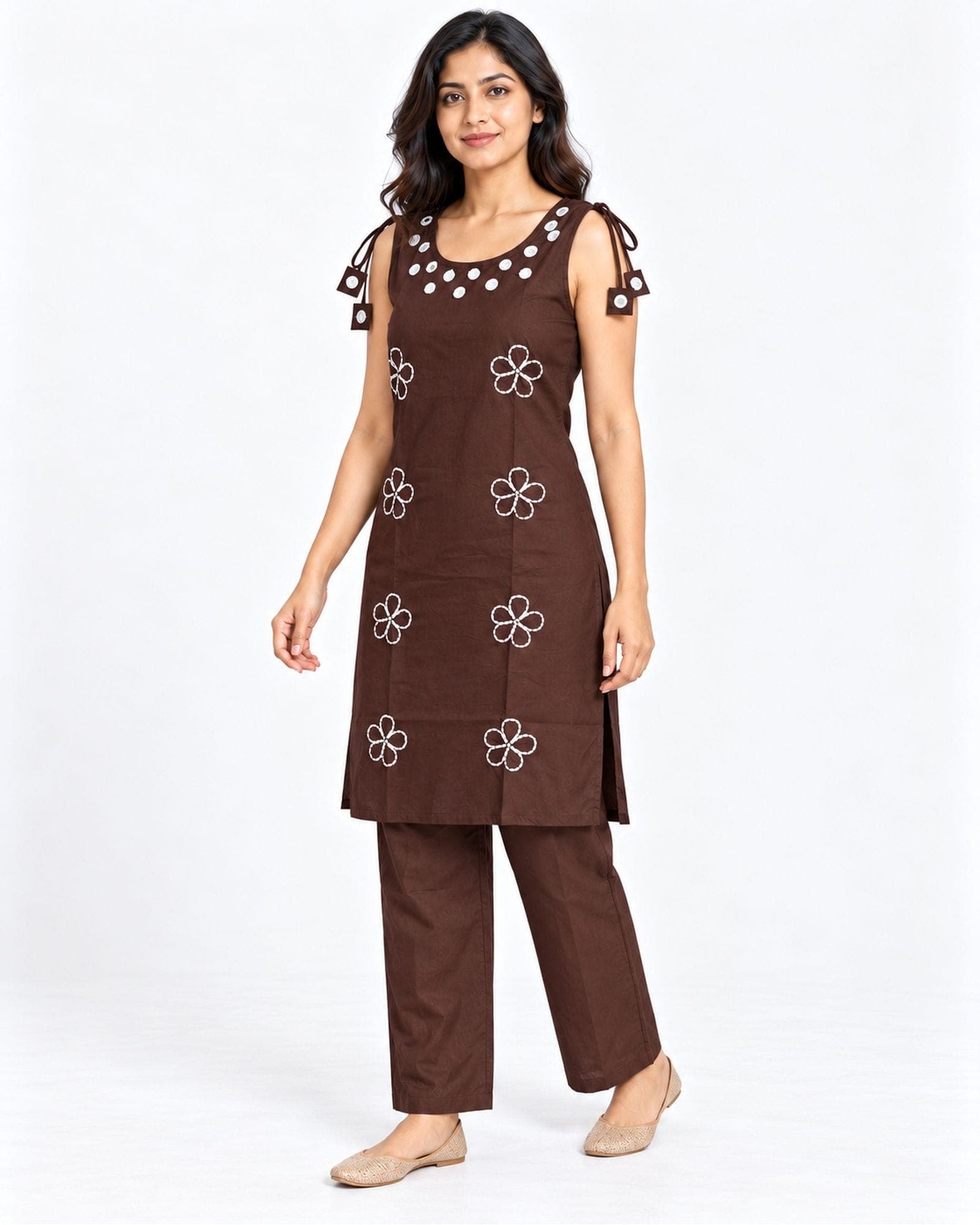 Brown Mirror-Accent Floral Kurti & Pant Set — 2 Pieces, photo 2 of 4