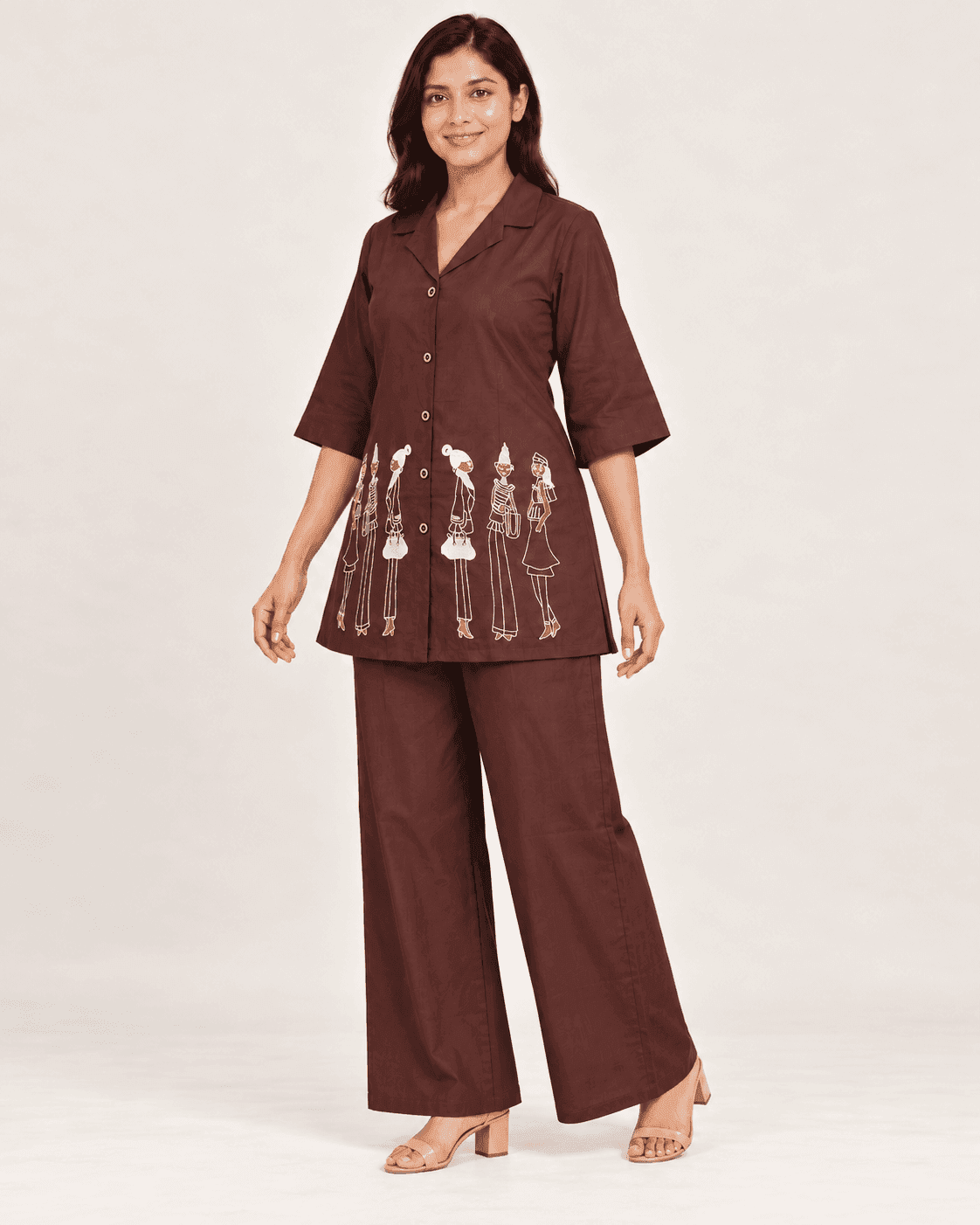 Chocolate Brown Figurine-Embroidered Shirt & Wide-Leg Pant Co-ord Set — 2 Piece, photo 2 of 4