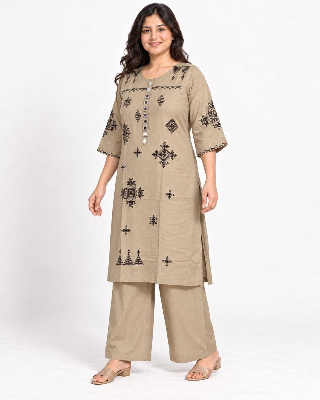 Taupe Beige Geometric Motif 2-Piece Kurti & Straight Pant Set, photo 2 of 4