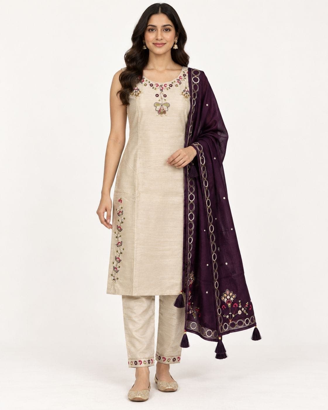 Champagne Beige Floral Embroidered Kurti, Pants & Plum Dupatta Set — 3 Piece
