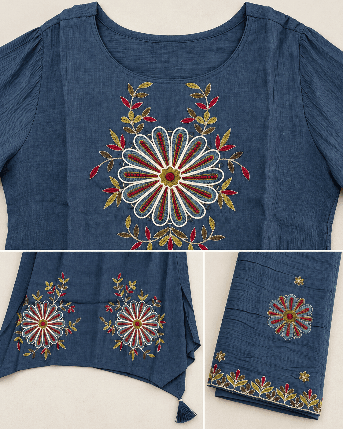 Floral Embroidered Kurti, Pants & Dupatta Set — 3 Piece (Dark Blue), photo 4 of 4