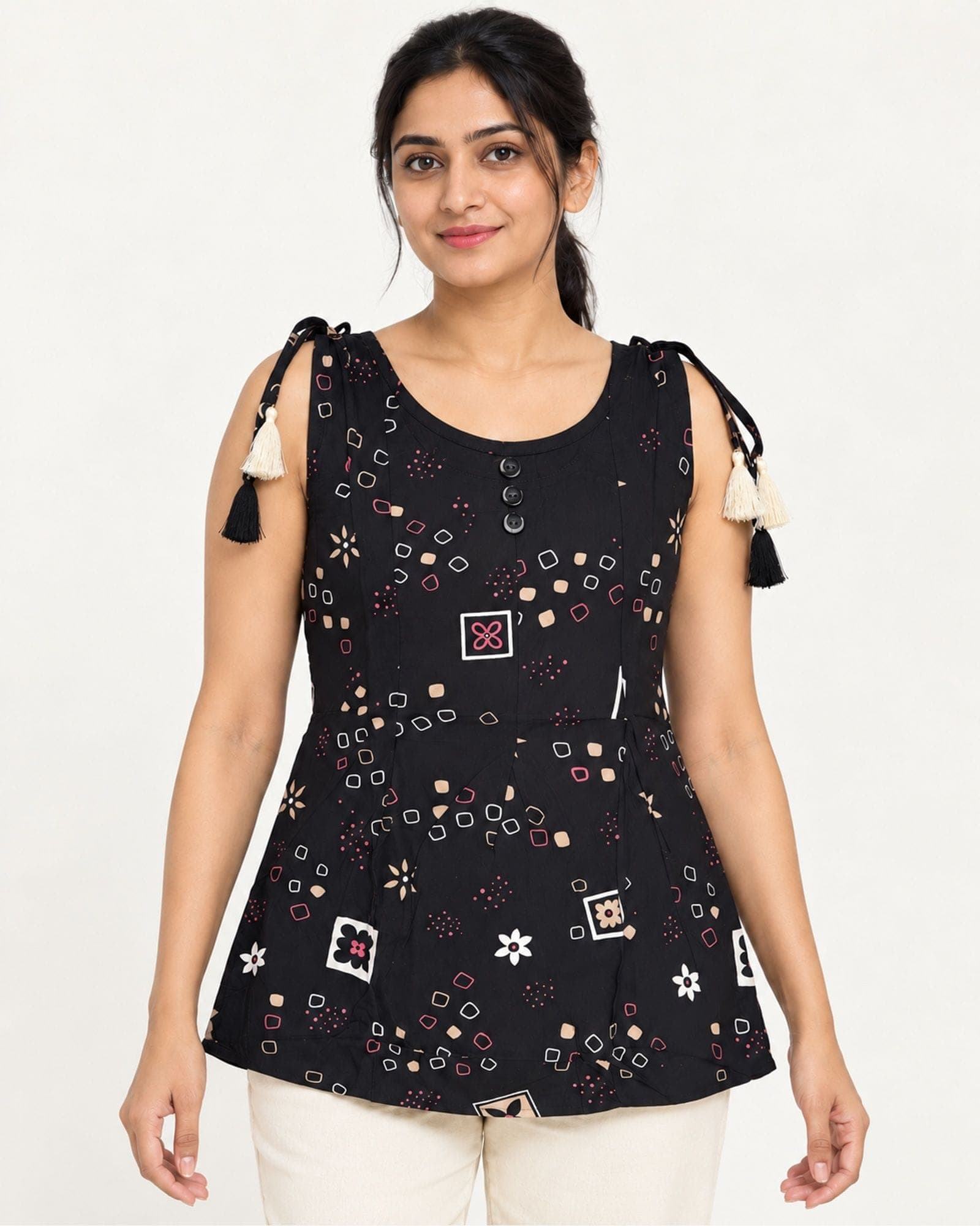 Black Floral & Geometric Print Flared Top — Top Only
