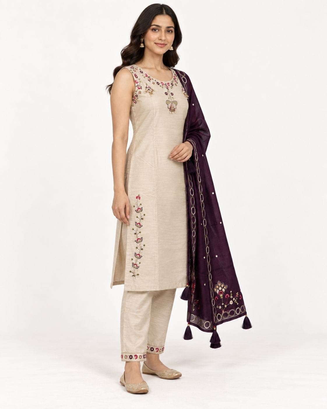 Champagne Beige Floral Embroidered Kurti, Pants & Plum Dupatta Set — 3 Piece, photo 2 of 4