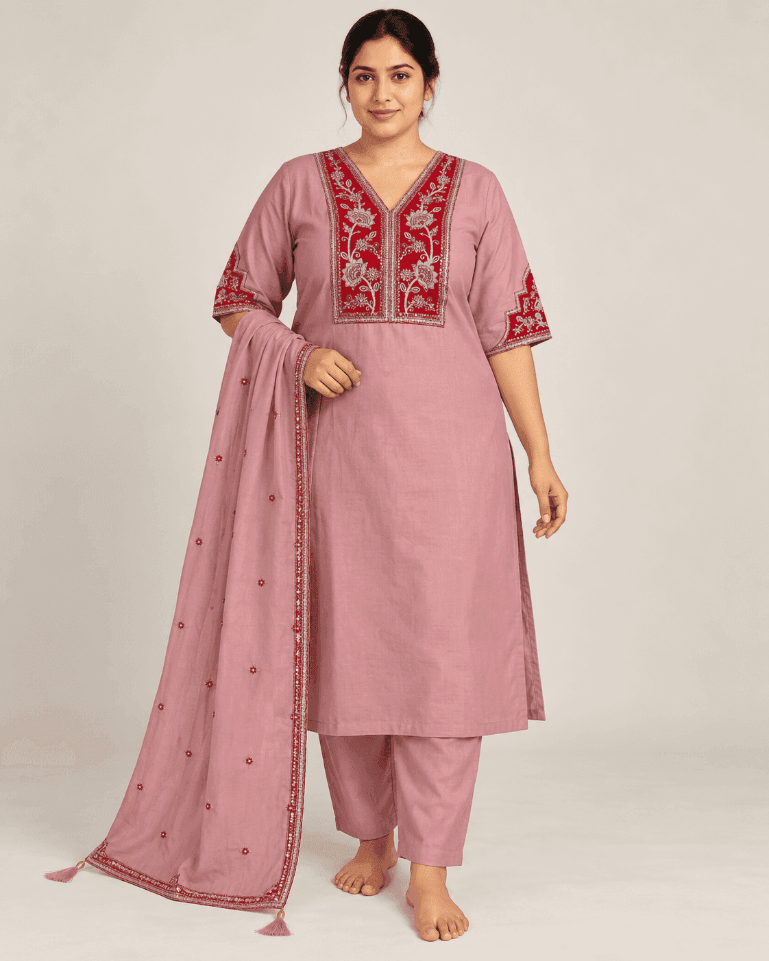 Dusty Light Pink Embellished Kurti, Pants & Dupatta Set — 3 Piece, photo 1 of 4