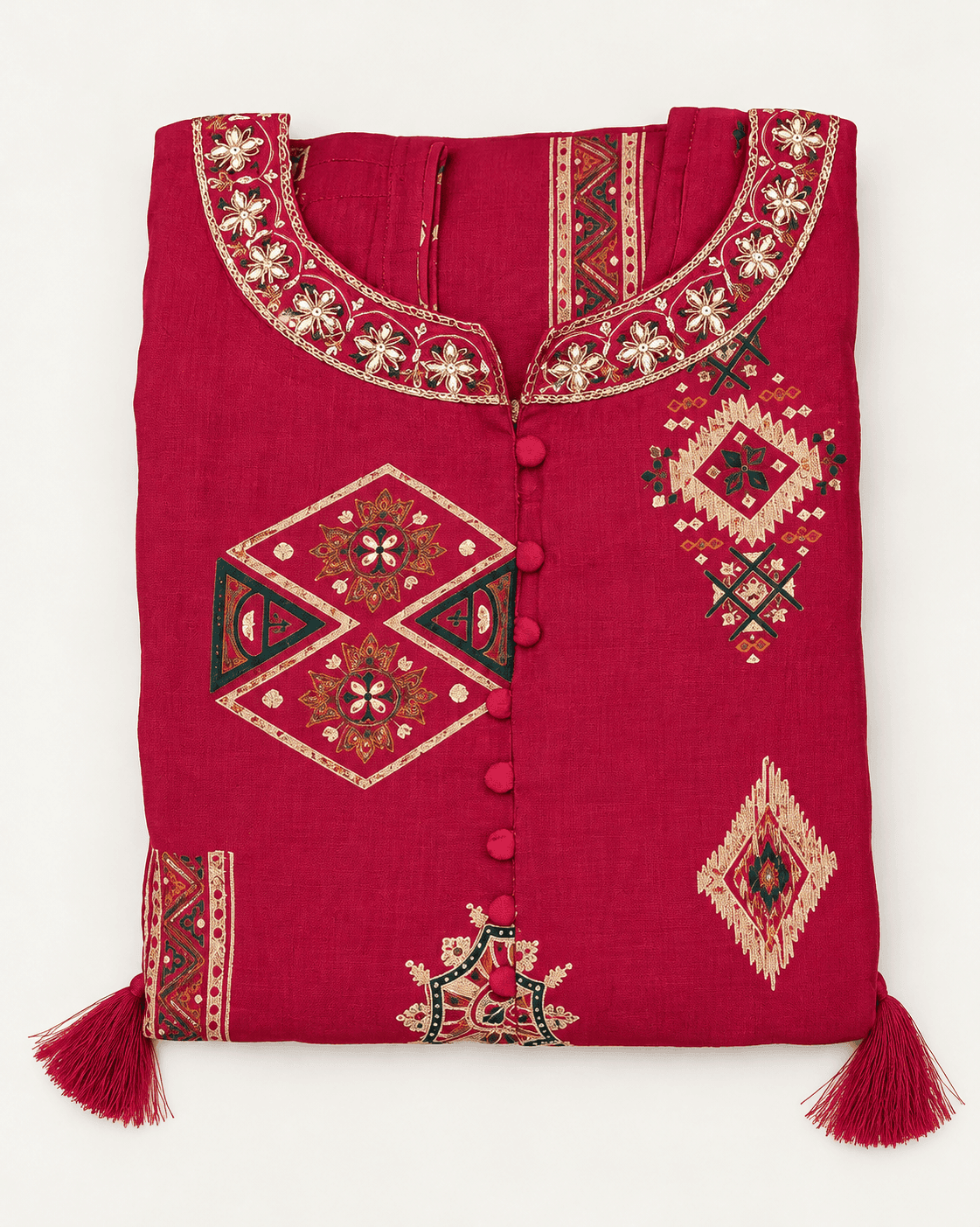 Geometric-Print Long Kurti, Pants & Dupatta Set — 3 Piece (Black / Dark Pink / Pista), photo 10 of 14