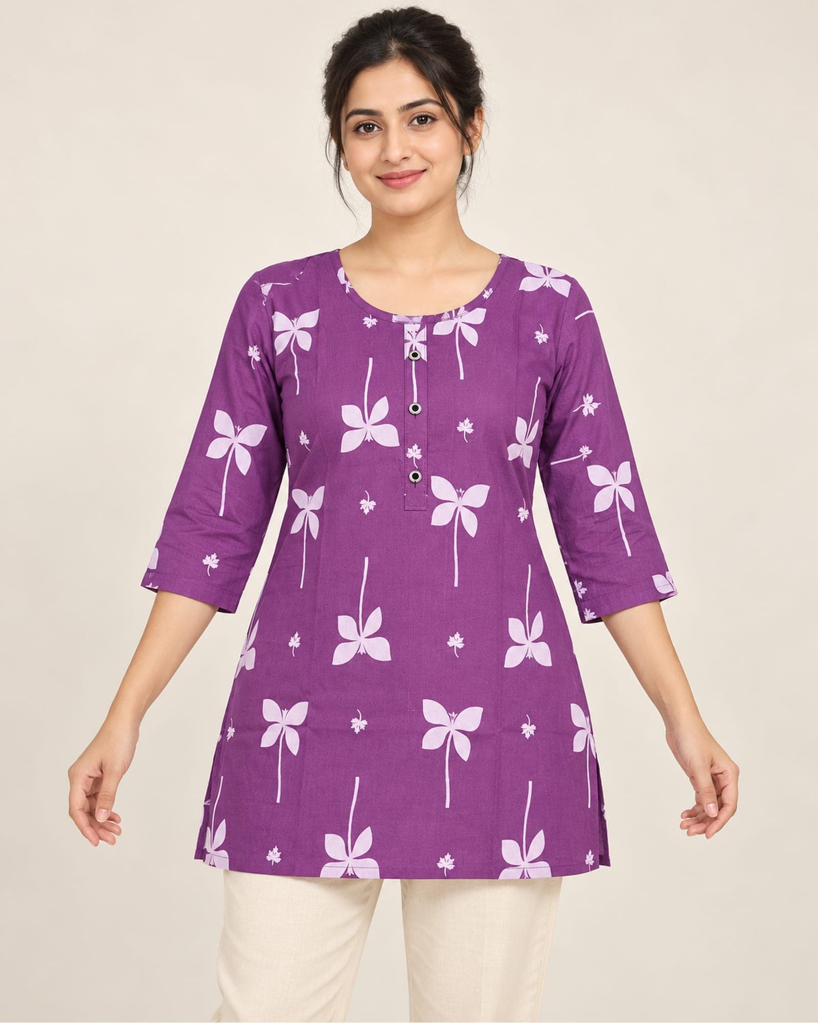 Purple Floral Printed Cotton Kurti — Top Only