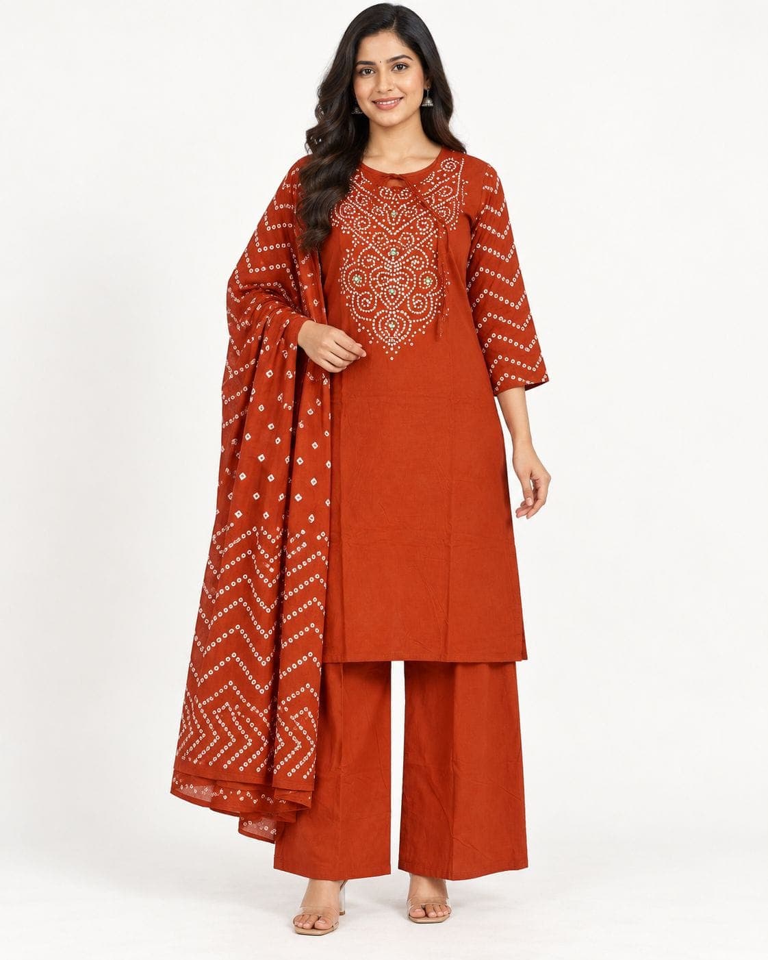 Bandhani-Style Kurti, Palazzo & Dupatta Set — 3 Piece | Rust Orange / Navy Blue