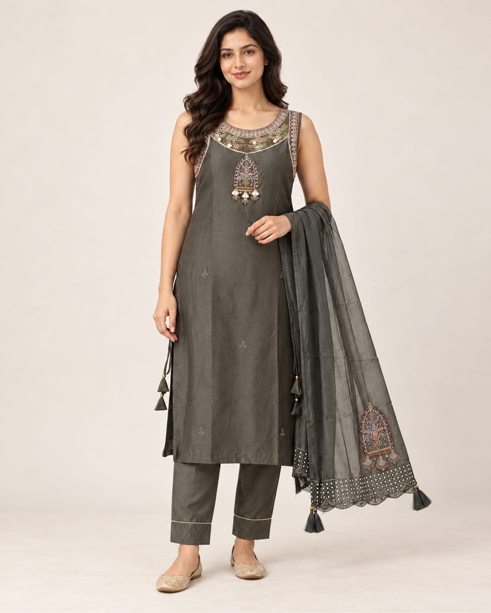 Charcoal Grey Embroidered Kurti, Straight Pants & Dupatta Set — 3 Piece, photo 3 of 8