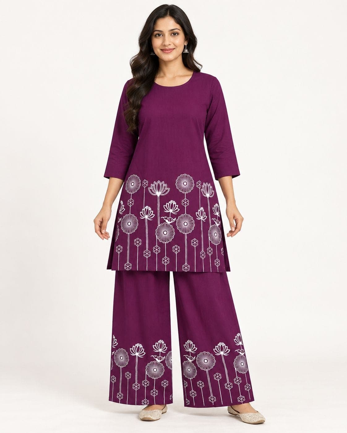 Plum Purple White Floral Kurti & Palazzo Set — 2 Piece