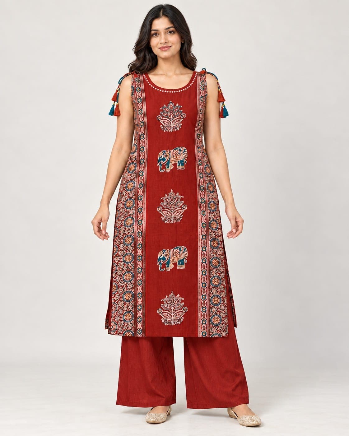 Elephant Motif Kurti & Palazzo Set — 2 Piece (Rust / Blue-Grey), photo 3 of 13