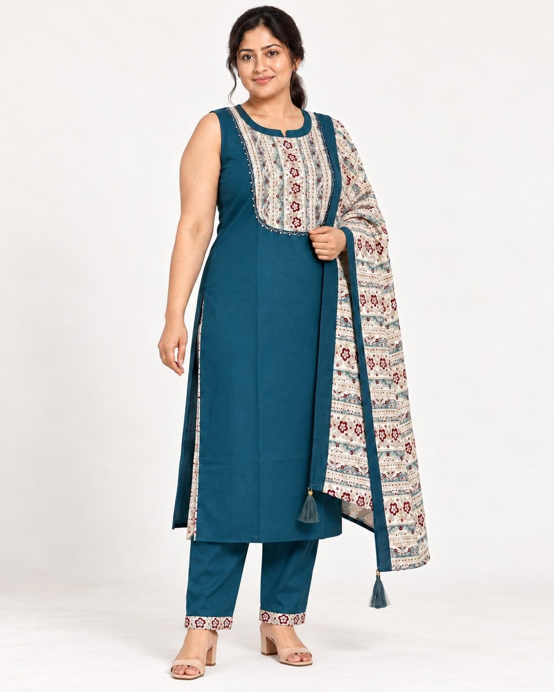 Deep Teal Floral Panel Kurti, Pants & Printed Dupatta Set — 3 Piece, photo 3 of 6