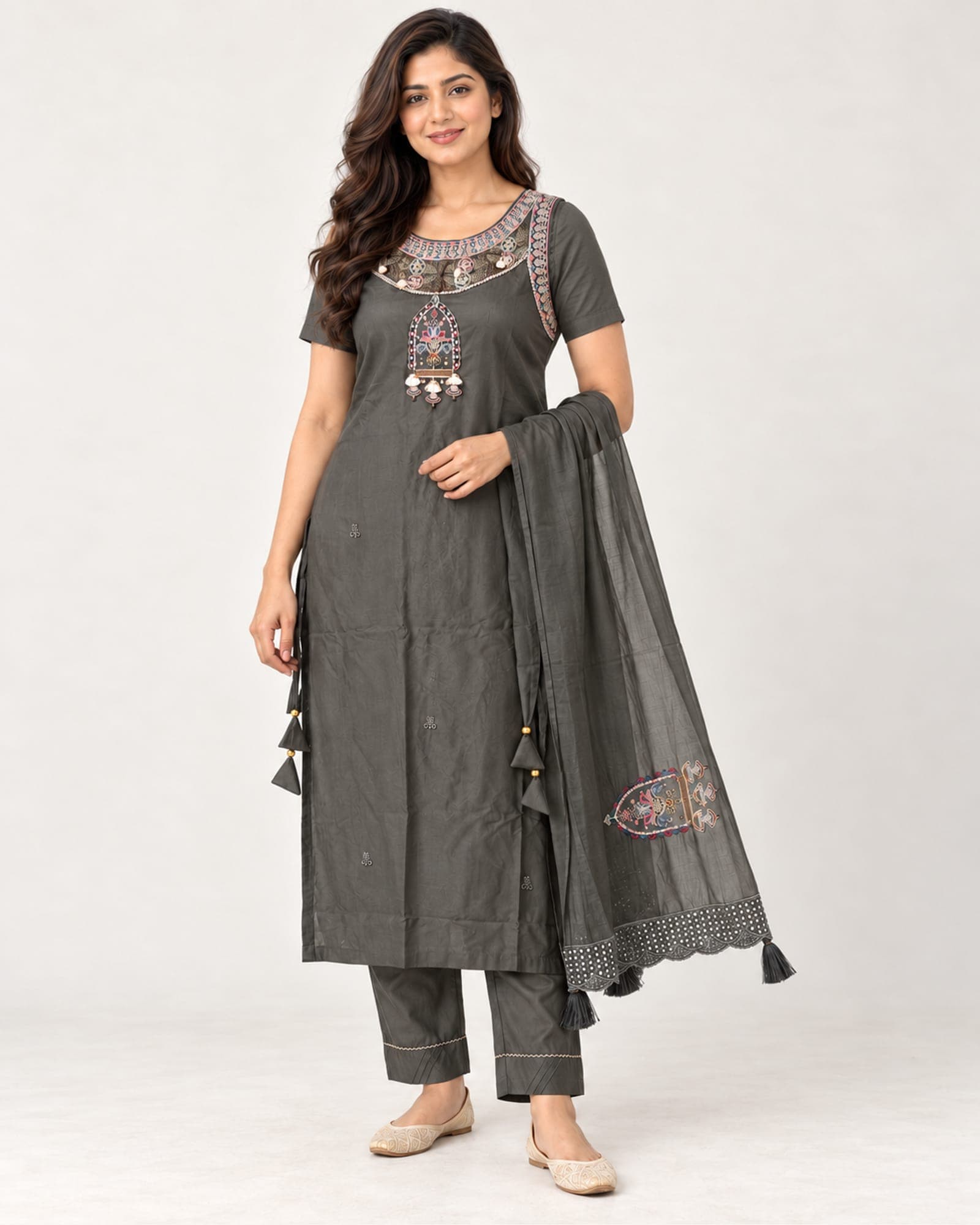 Charcoal Grey Embroidered Kurti, Straight Pants & Dupatta Set — 3 Piece, photo 6 of 8