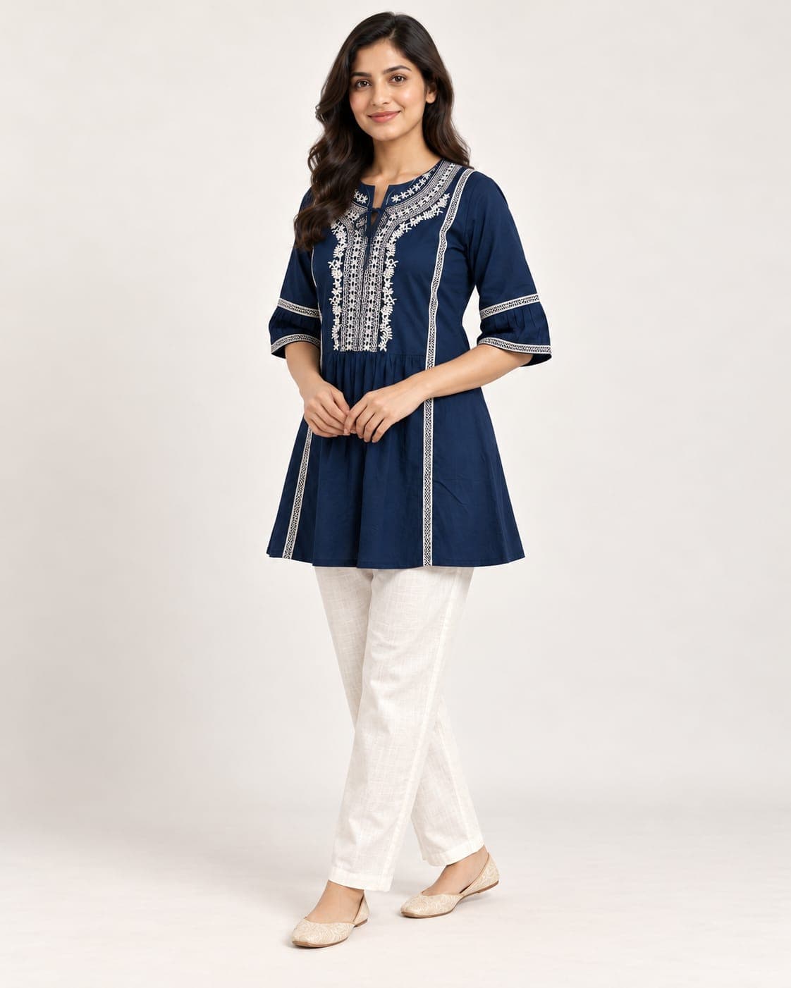 Navy Embroidered Tunic & Cream Pant Set — 2 Piece, photo 2 of 4