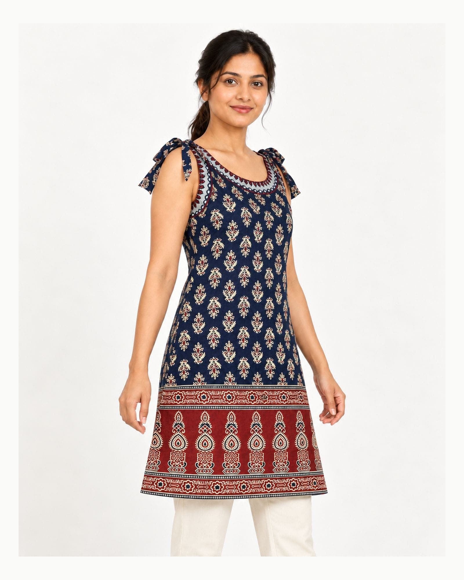 Navy Blue Printed Kurti with Maroon Border — Kurti Only, photo 2 of 5