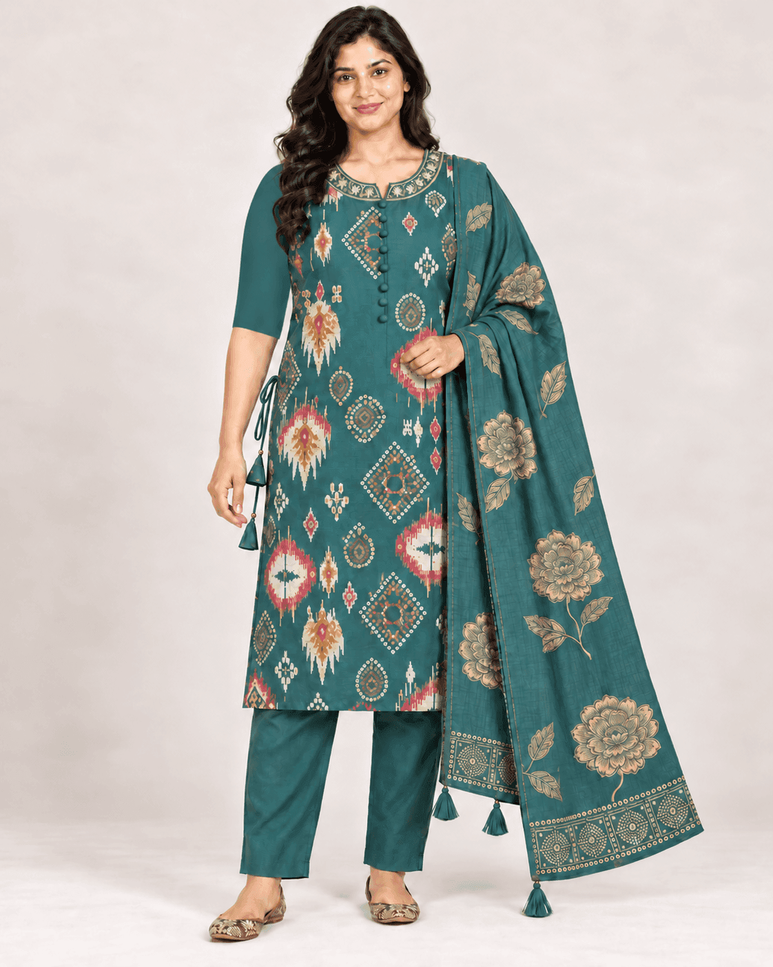 Geometric-Print Long Kurti, Pants & Dupatta Set — 3 Piece (Black / Dark Pink / Pista), photo 4 of 14