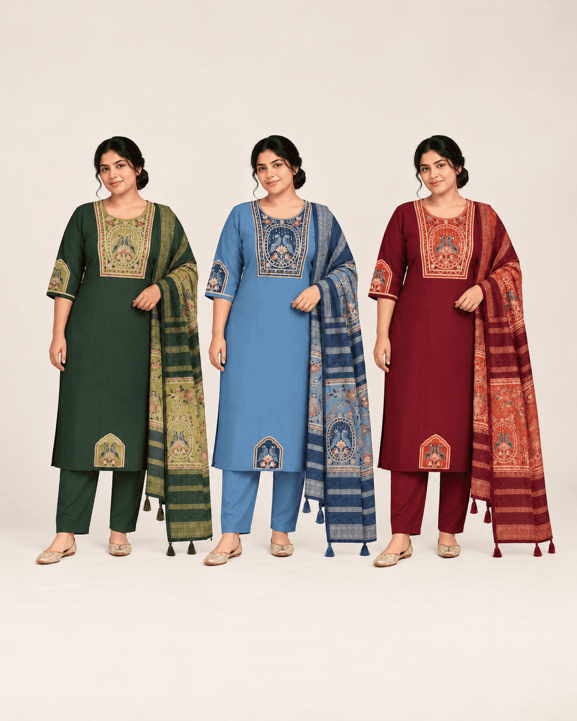 Bird-Motif Embellished Kurti, Pants & Dupatta Set — 3 Piece (Green / Sky Blue / Maroon), photo 13 of 13