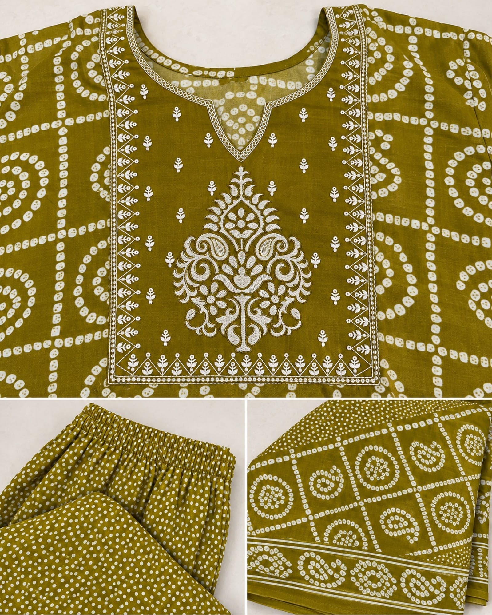 Bandhani Kurti, Pants & Dupatta — 3-Piece Set, Olive & Wine, photo 4 of 5