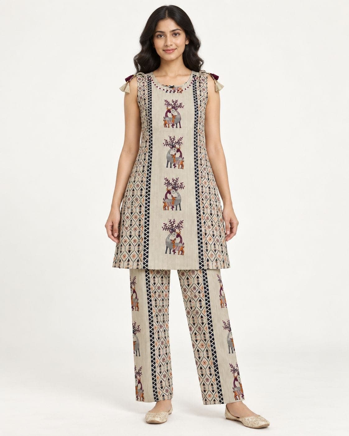 Beige Deer Print Kurti & Palazzo Set — 2 Piece