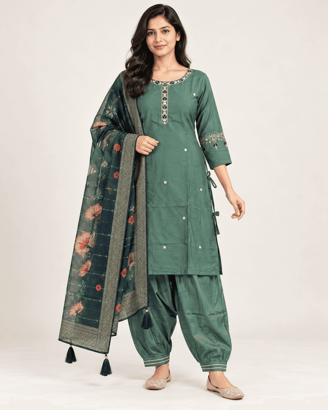 Dark Pista Green Embellished Kurti, Afghan Pants & Floral Dupatta Set — 3 Piece, photo 1 of 4