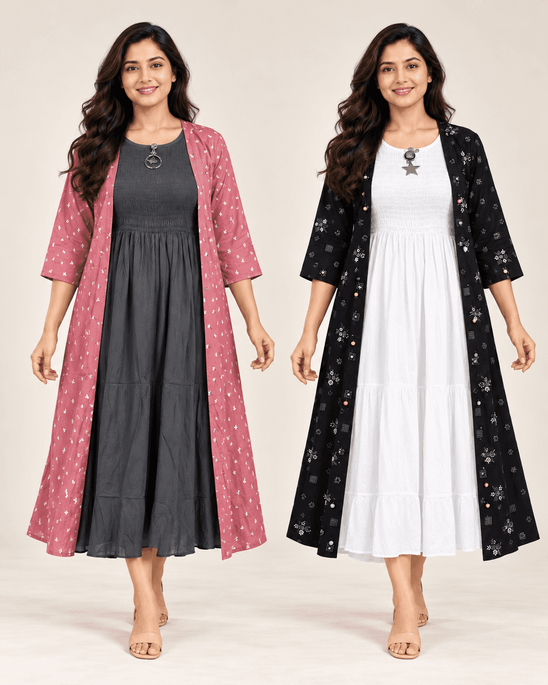 Smocked Inner Dress & Printed Koti — 2-Piece Set (Pink/Charcoal, Black/White), photo 9 of 9