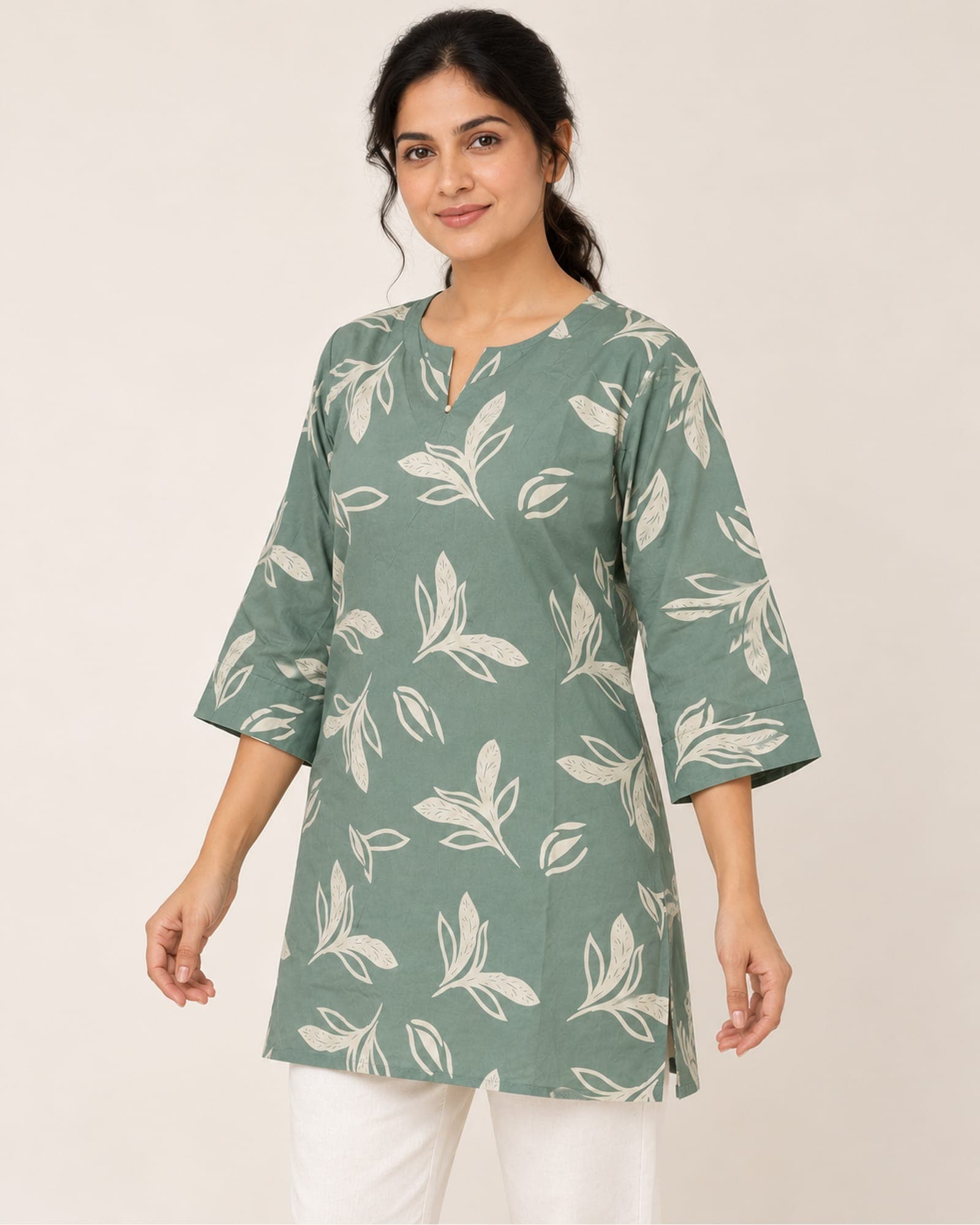Sage Green Botanical Leaf Print Tunic — Top Only, photo 2 of 4