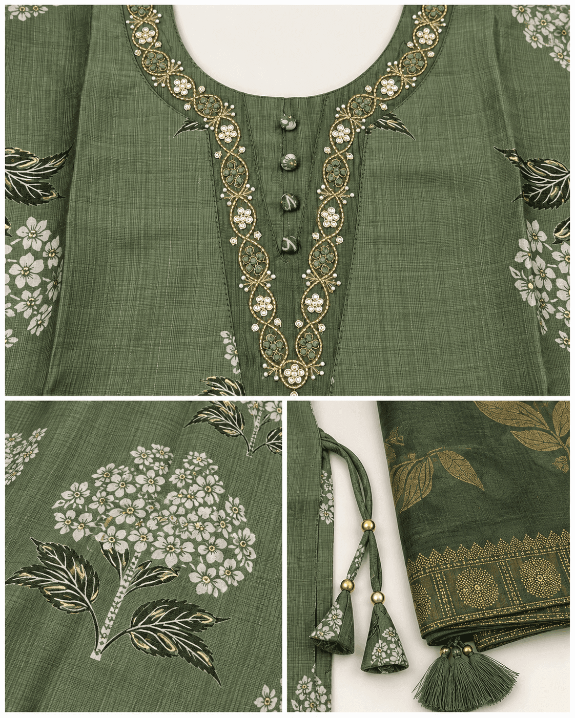 Floral-Tree Printed Long Kurti, Pants & Dupatta Set — 3 Piece (Pista Green / Purple), photo 11 of 13