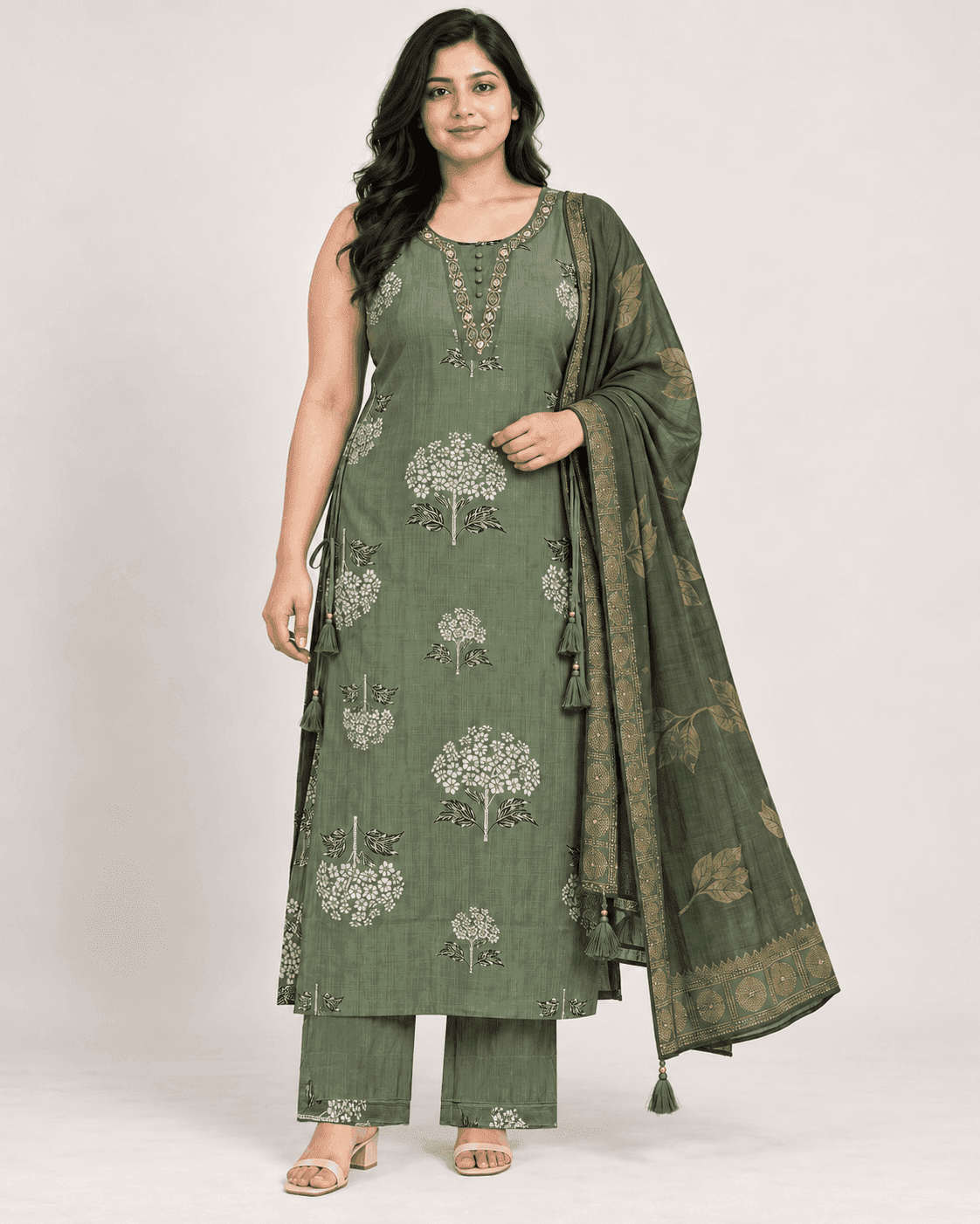 Floral-Tree Printed Long Kurti, Pants & Dupatta Set — 3 Piece (Pista Green / Purple)