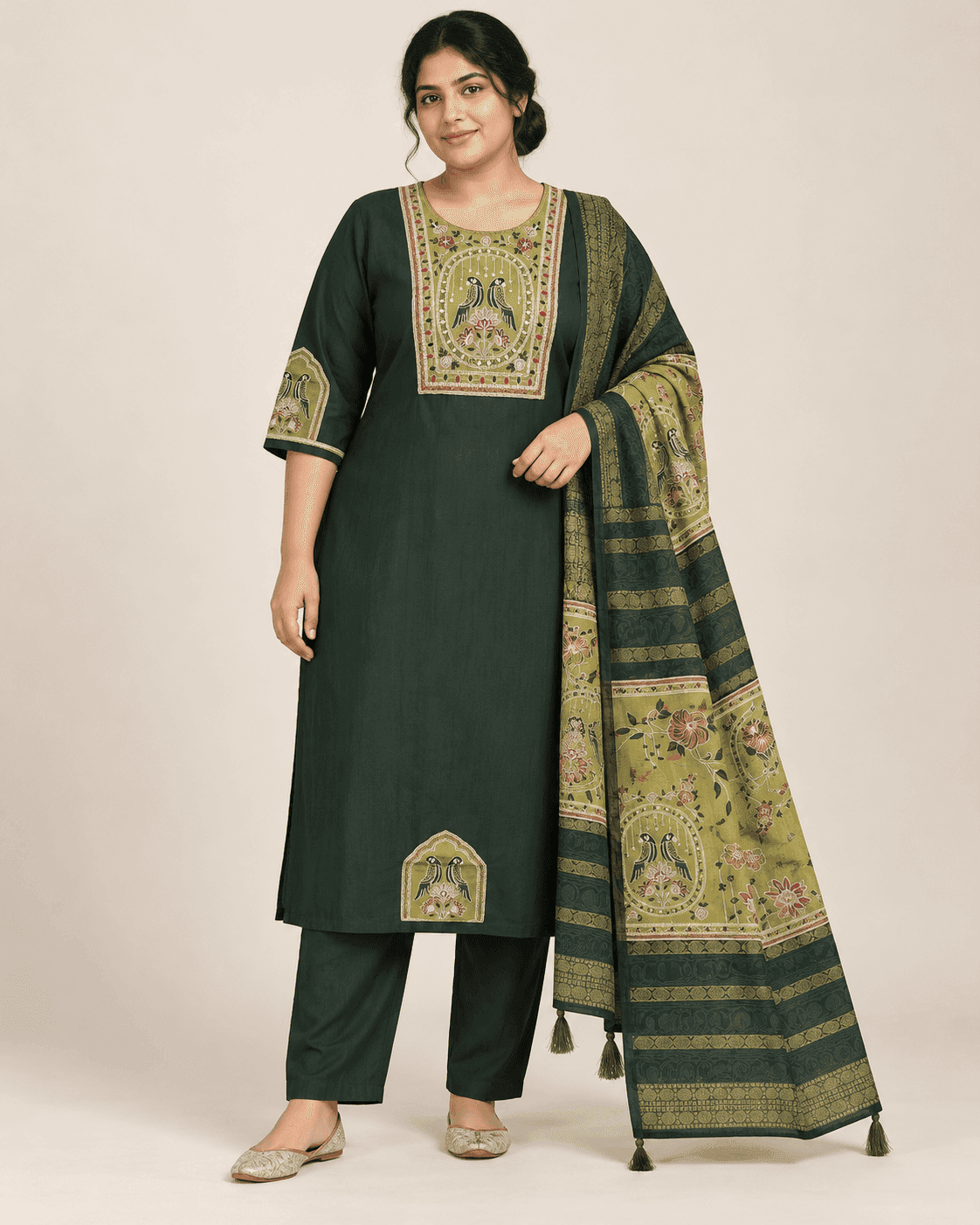 Bird-Motif Embellished Kurti, Pants & Dupatta Set — 3 Piece (Green / Sky Blue / Maroon)