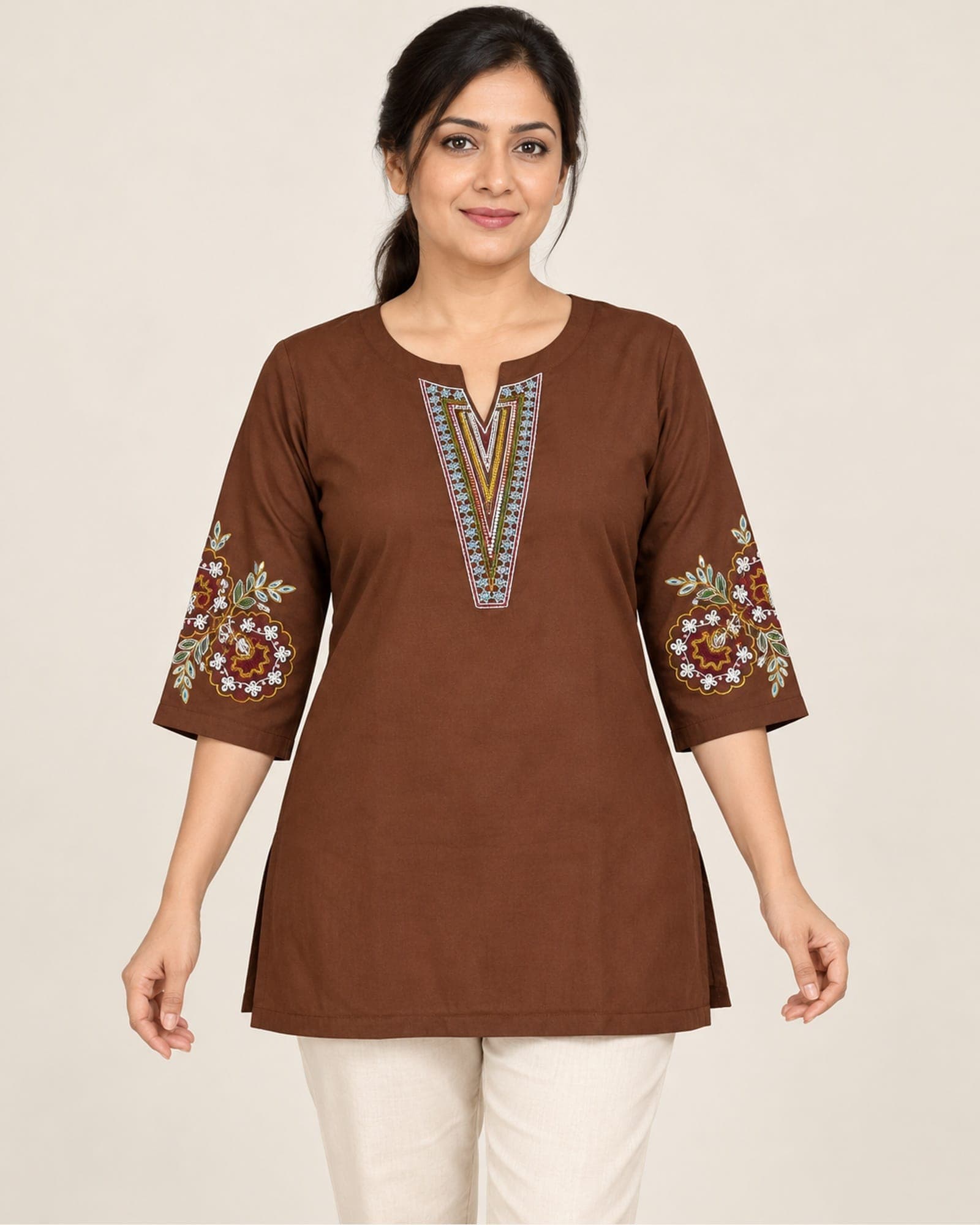 Embroidered Neckline & Floral-Sleeve Short Top Only — 3 Colours