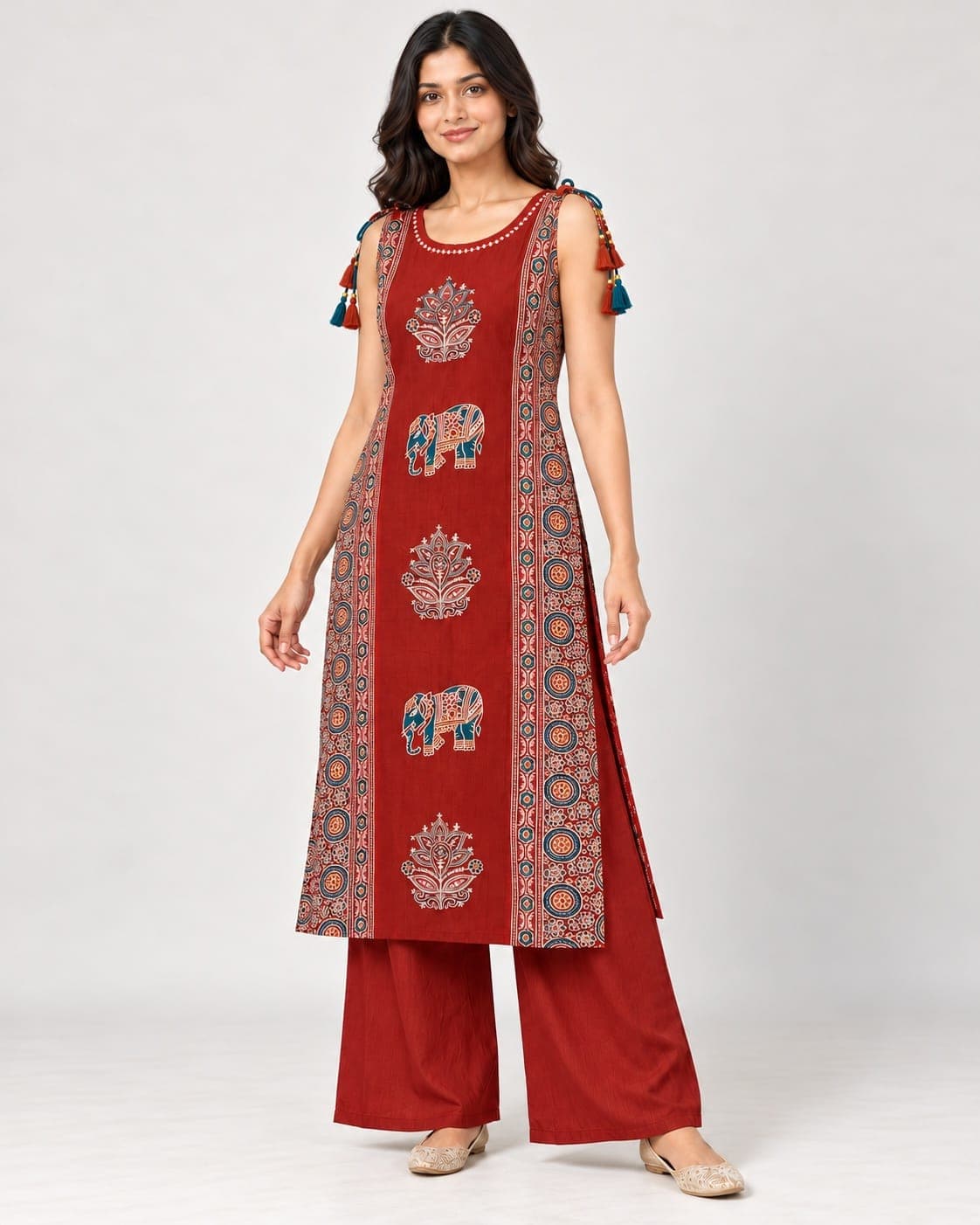 Elephant Motif Kurti & Palazzo Set — 2 Piece (Rust / Blue-Grey), photo 7 of 13