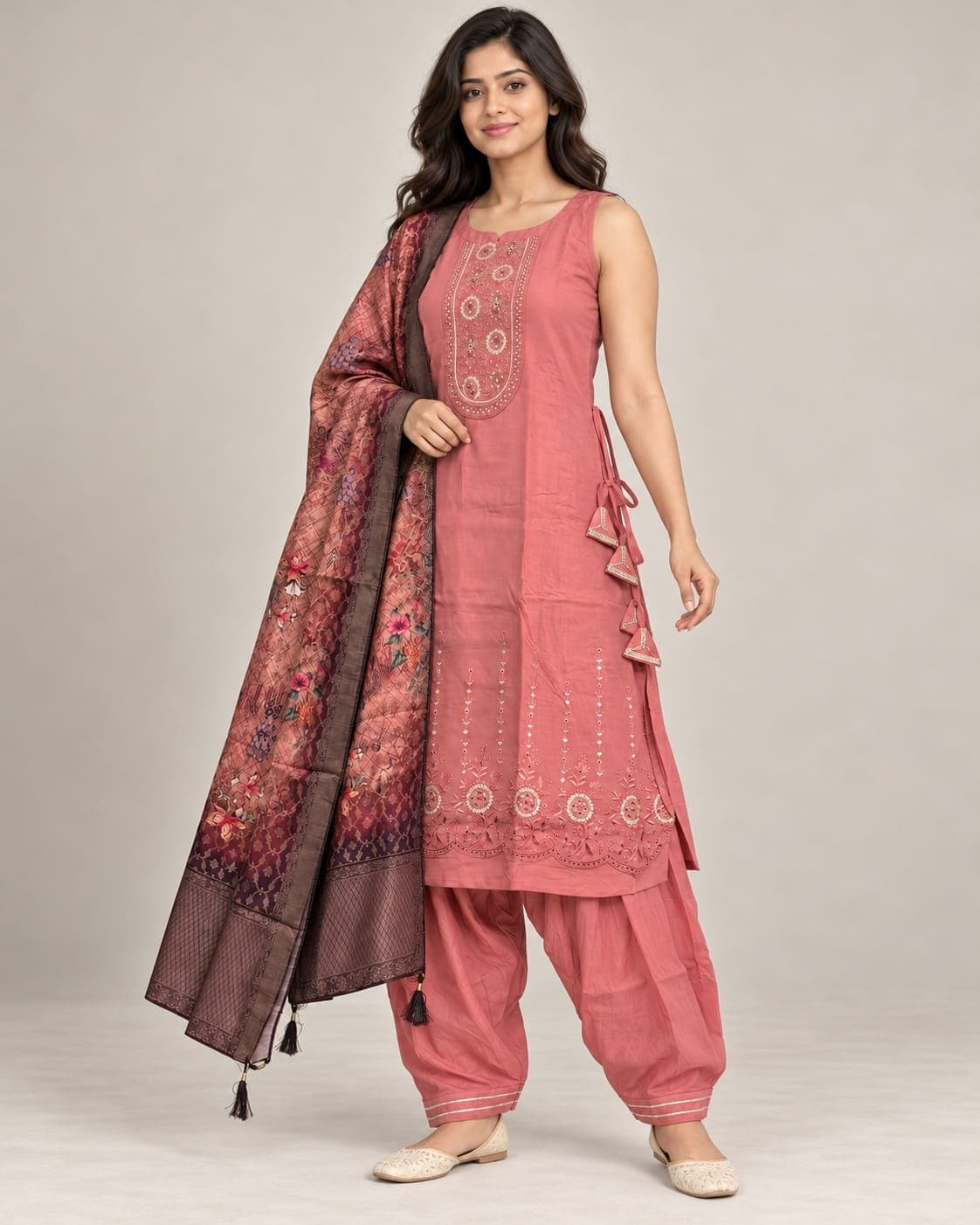 Dusty Pink Embellished Kurti, Afghan Pants & Printed Dupatta Set — 3 Piece, photo 3 of 6