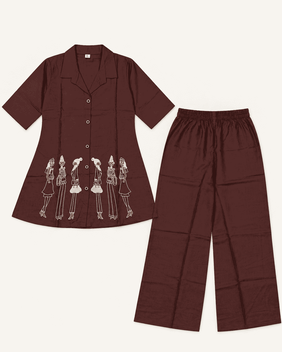 Chocolate Brown Figurine-Embroidered Shirt & Wide-Leg Pant Co-ord Set — 2 Piece, photo 3 of 4