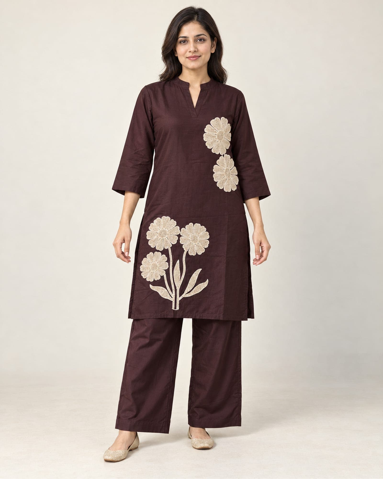 Wine Floral Embroidered 2-Piece Kurti & Wide-Leg Pant Set