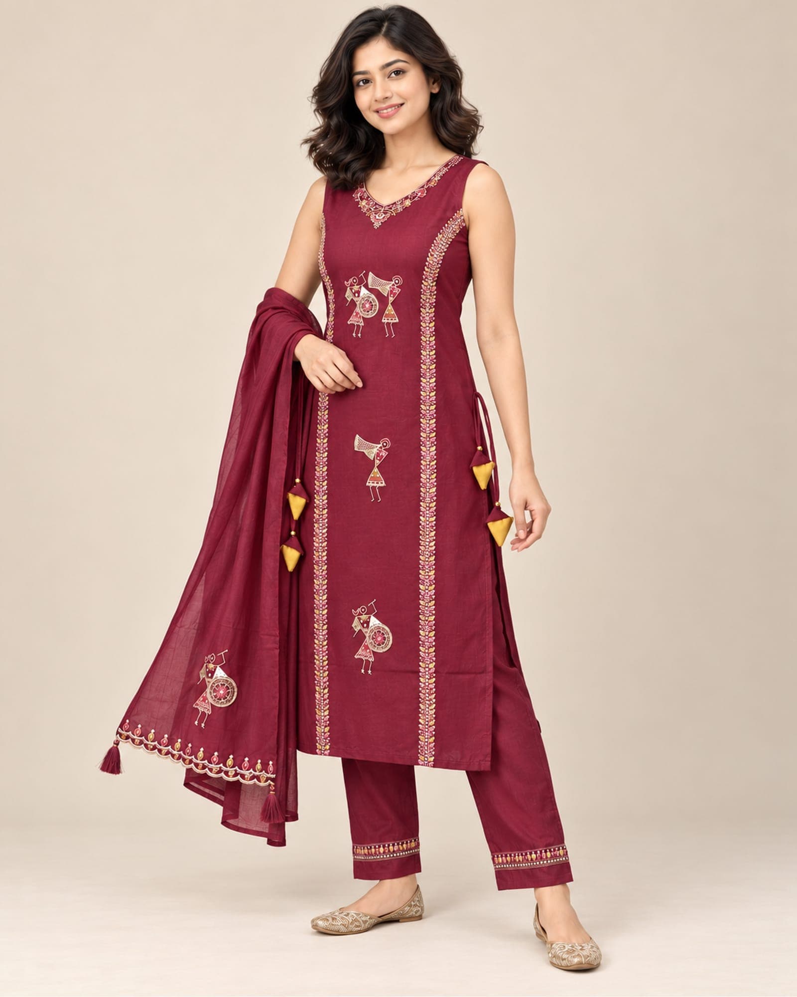 Wine Maroon Musician-Embroidered Kurti, Pants & Dupatta Set — 3 Piece, photo 4 of 6