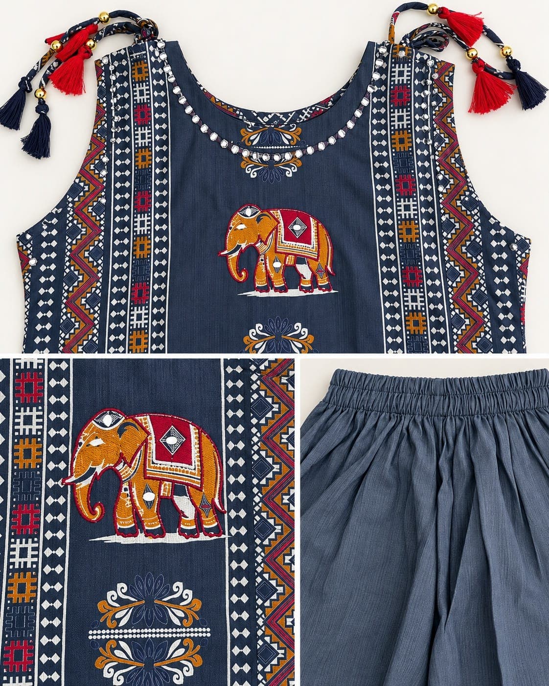 Elephant Motif Kurti & Palazzo Set — 2 Piece (Rust / Blue-Grey), photo 11 of 13