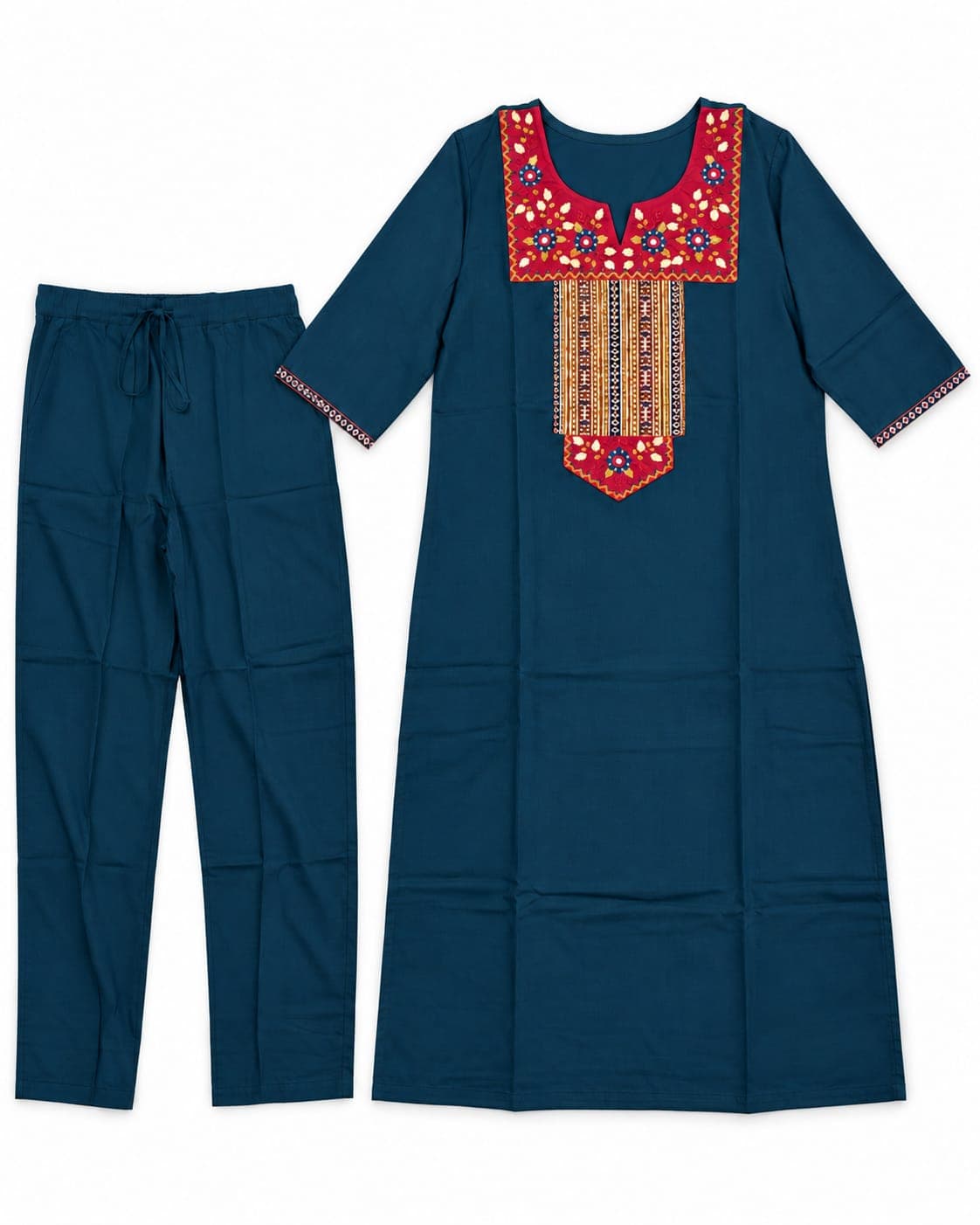 Deep Teal Floral-Yoke Kurti & Pants — 2-Piece Set, photo 3 of 4