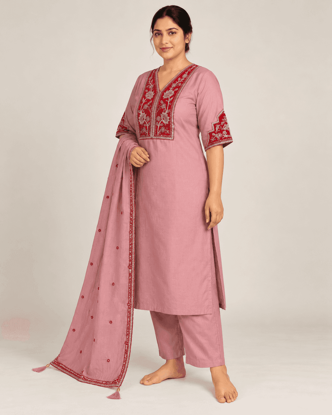 Dusty Light Pink Embellished Kurti, Pants & Dupatta Set — 3 Piece, photo 2 of 4