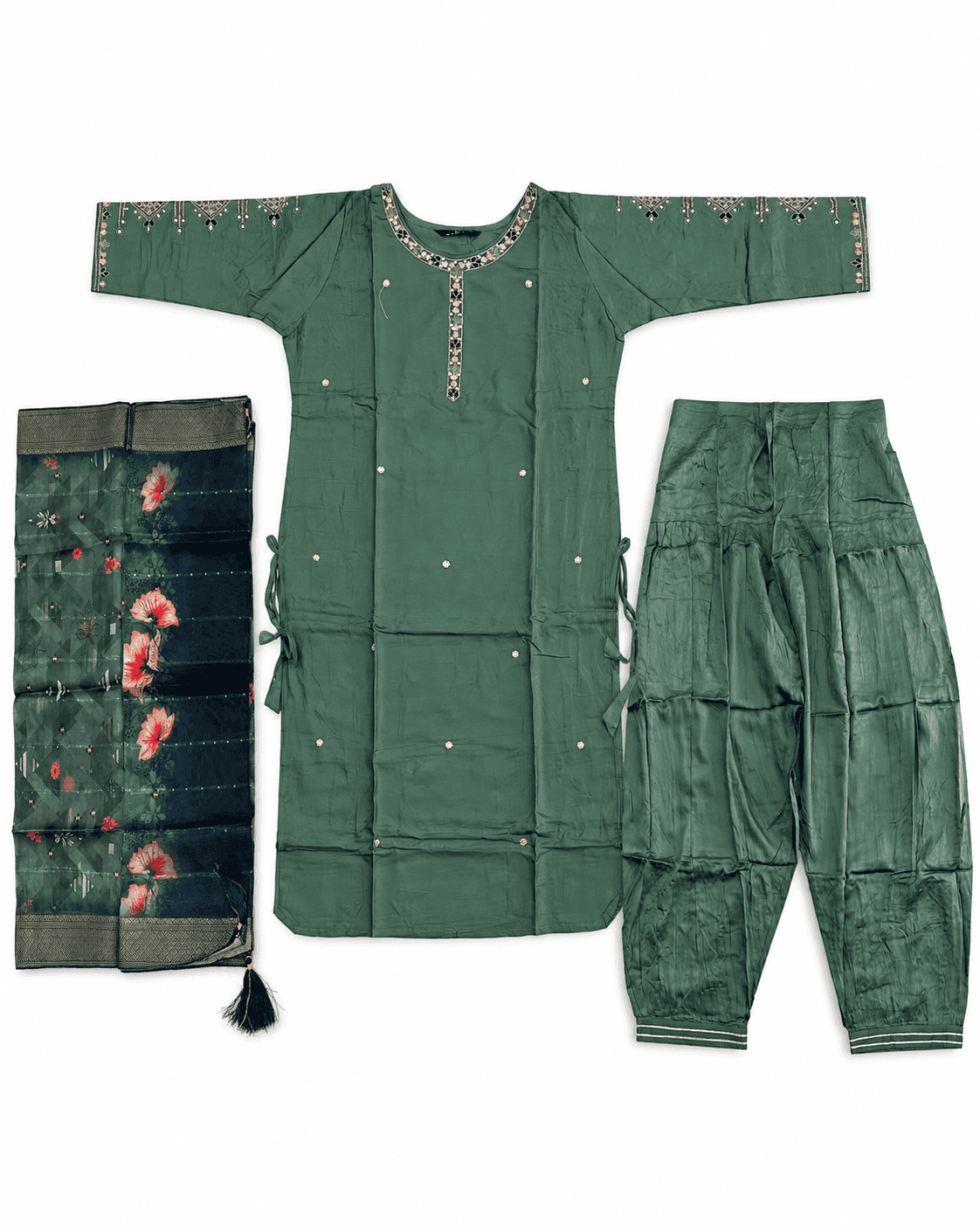 Dark Pista Green Embellished Kurti, Afghan Pants & Floral Dupatta Set — 3 Piece, photo 3 of 4
