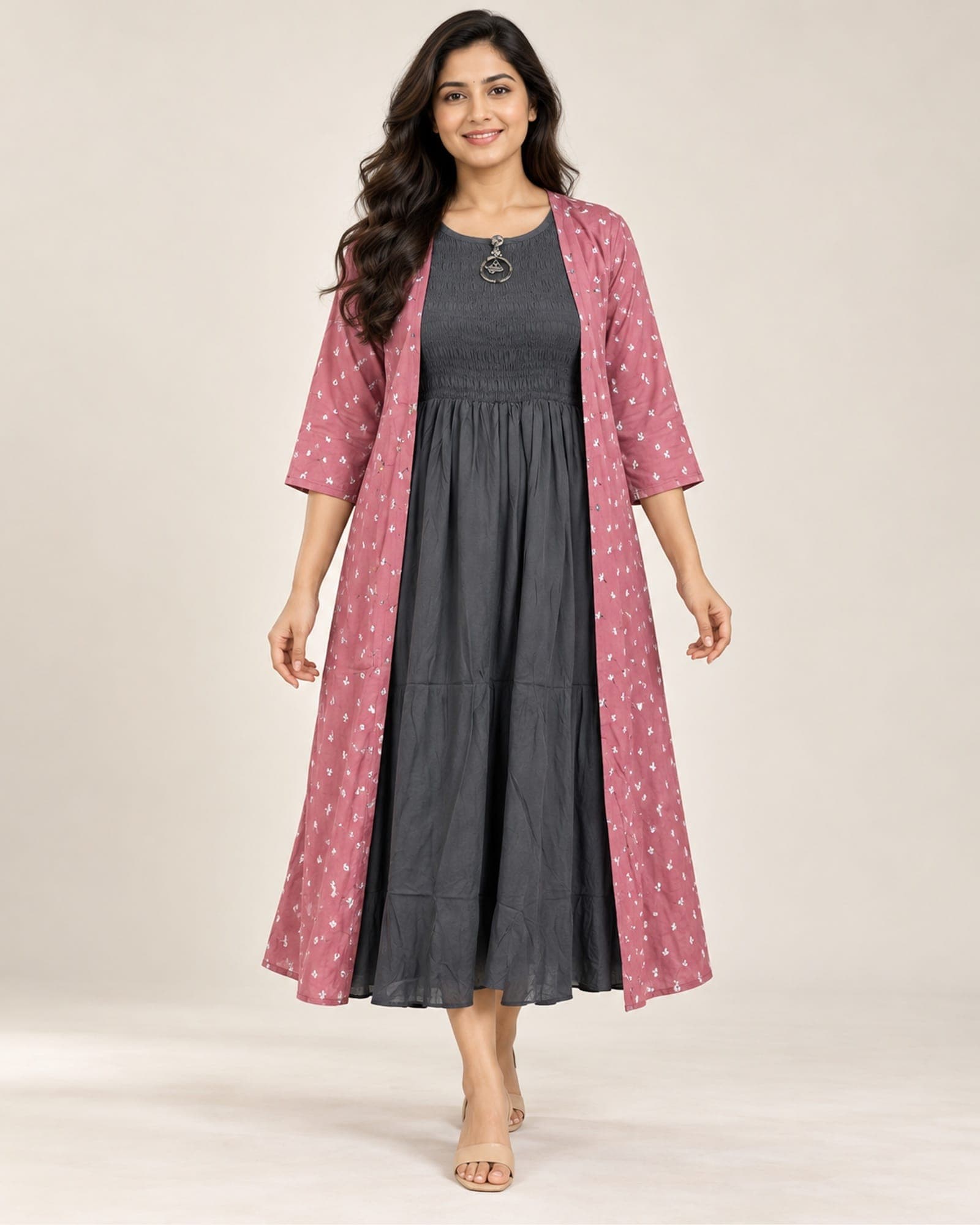 Smocked Inner Dress & Printed Koti — 2-Piece Set (Pink/Charcoal, Black/White), photo 1 of 9