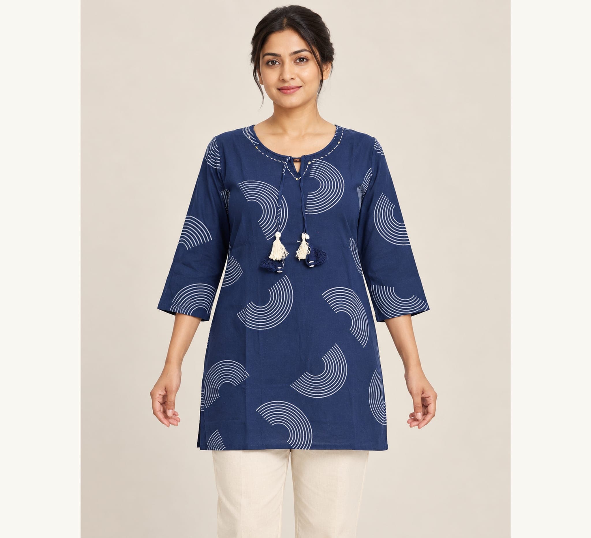 Navy Geometric Arc Printed Cotton Kurti — Top Only