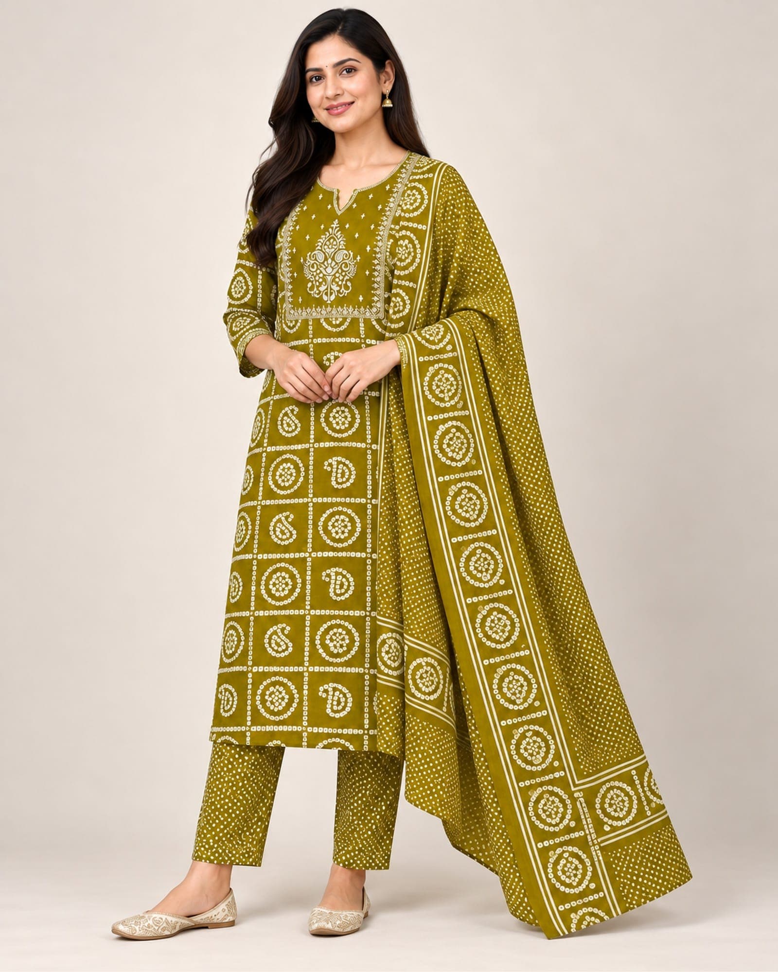 Bandhani Kurti, Pants & Dupatta — 3-Piece Set, Olive & Wine, photo 2 of 5