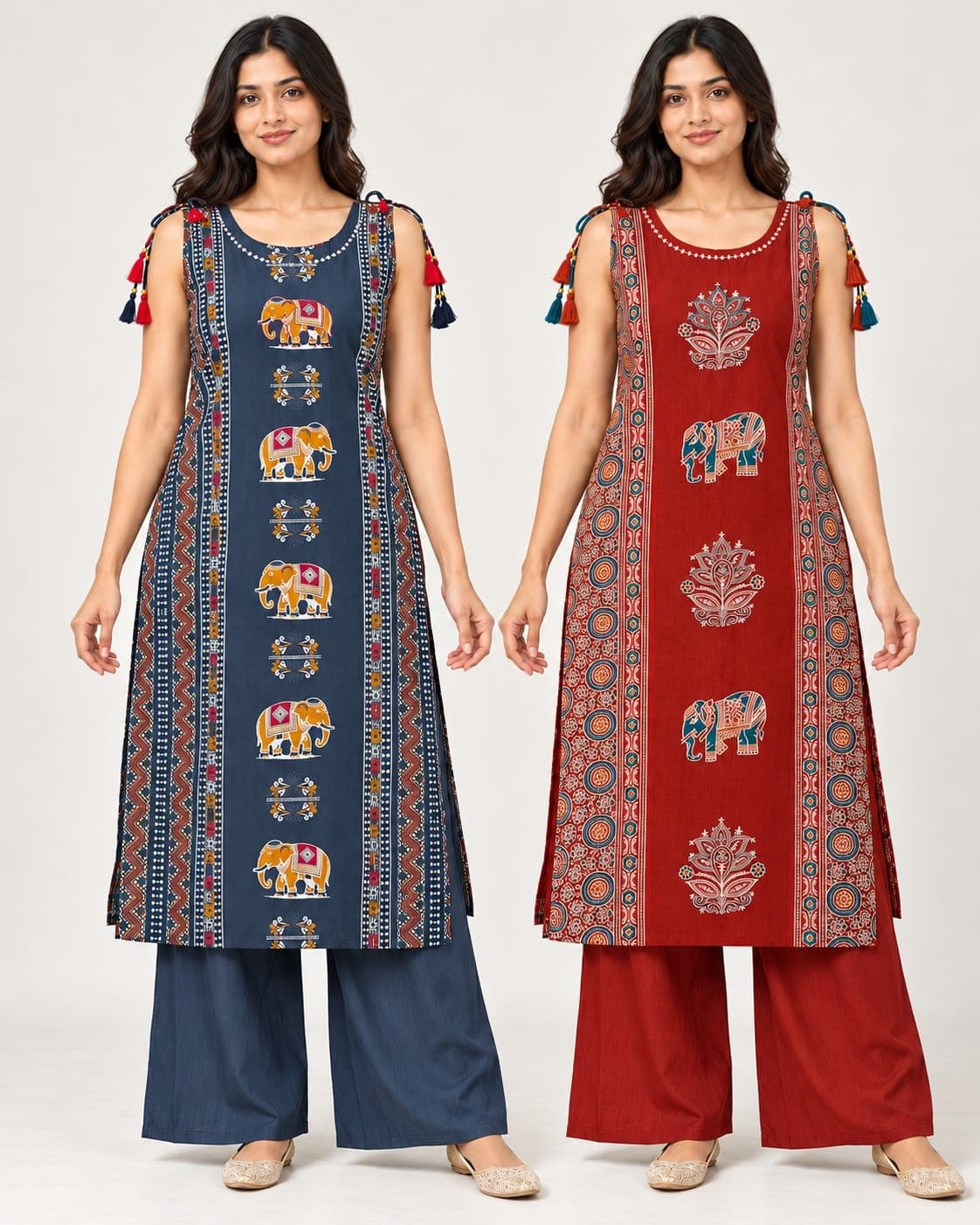 Elephant Motif Kurti & Palazzo Set — 2 Piece (Rust / Blue-Grey), photo 13 of 13